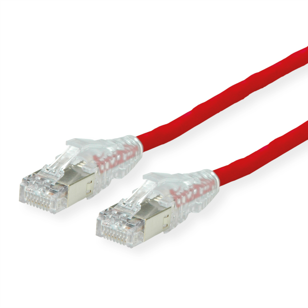 Twee rode netwerkkabels met transparante connectoren.