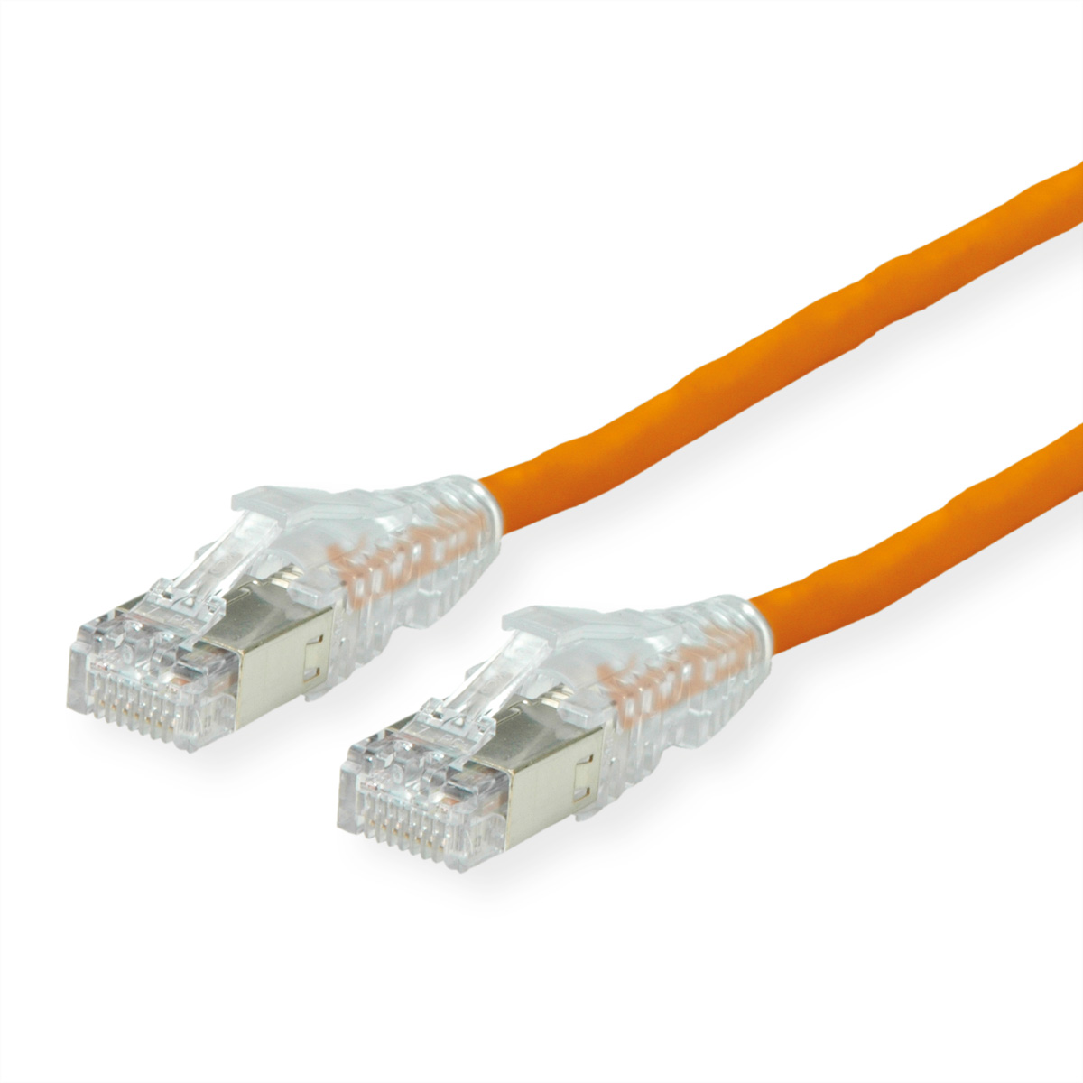 Twee oranje netwerkkabels met transparante connectoren.