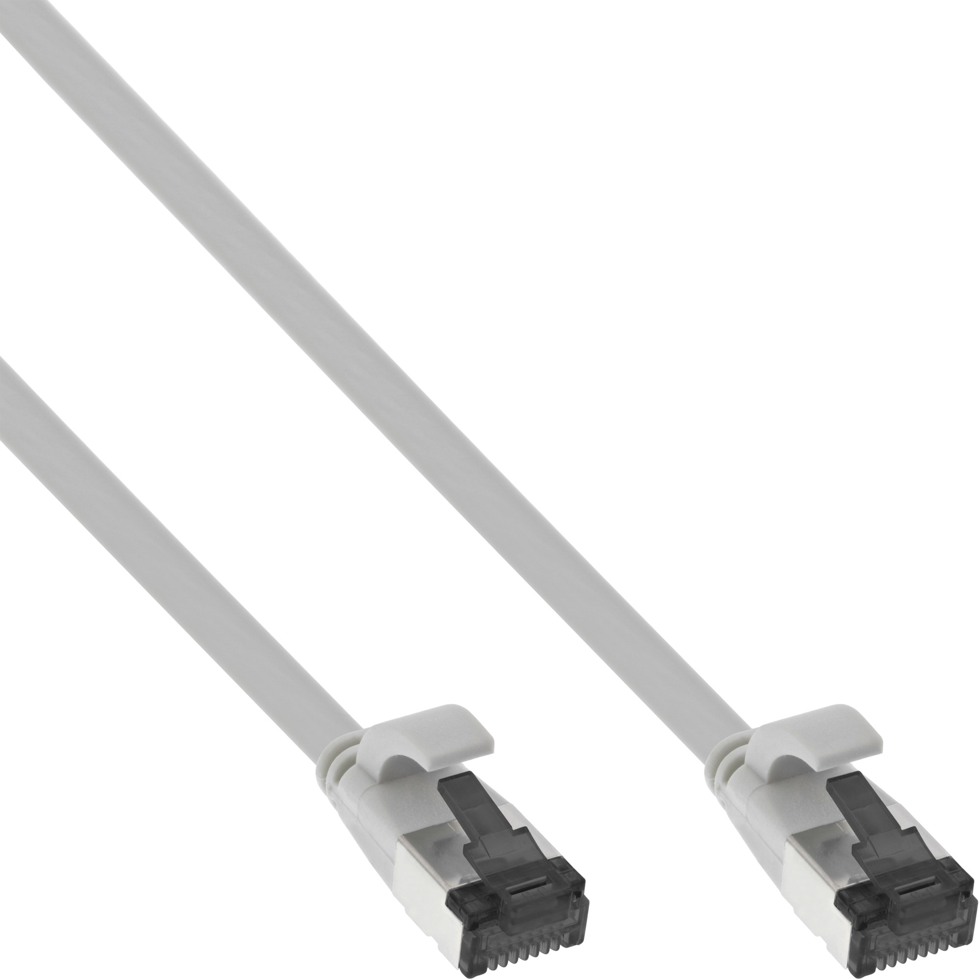 Twee grijze Ethernet-kabels met witte connectoren op witte achtergrond.
