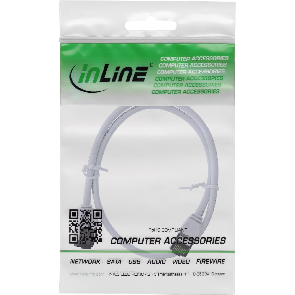 Un câble Ethernet blanc dans un emballage plastique avec le logo Inline et les informations du produit.