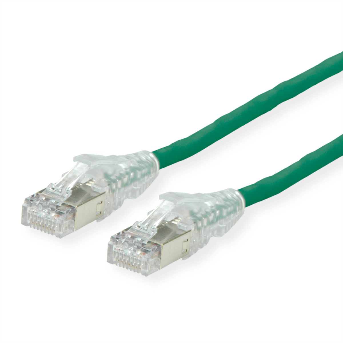 Deux câbles Ethernet verts avec des connecteurs transparents, isolés sur fond blanc.