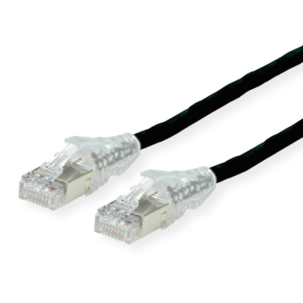 Twee zwarte netwerkkabels met transparante connectoren op witte achtergrond.