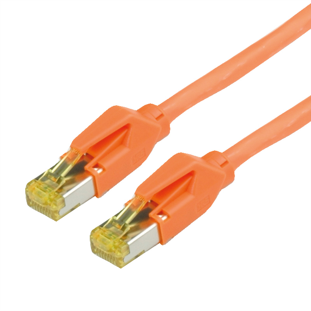 Due cavi Ethernet arancioni con connettori gialli su sfondo bianco.