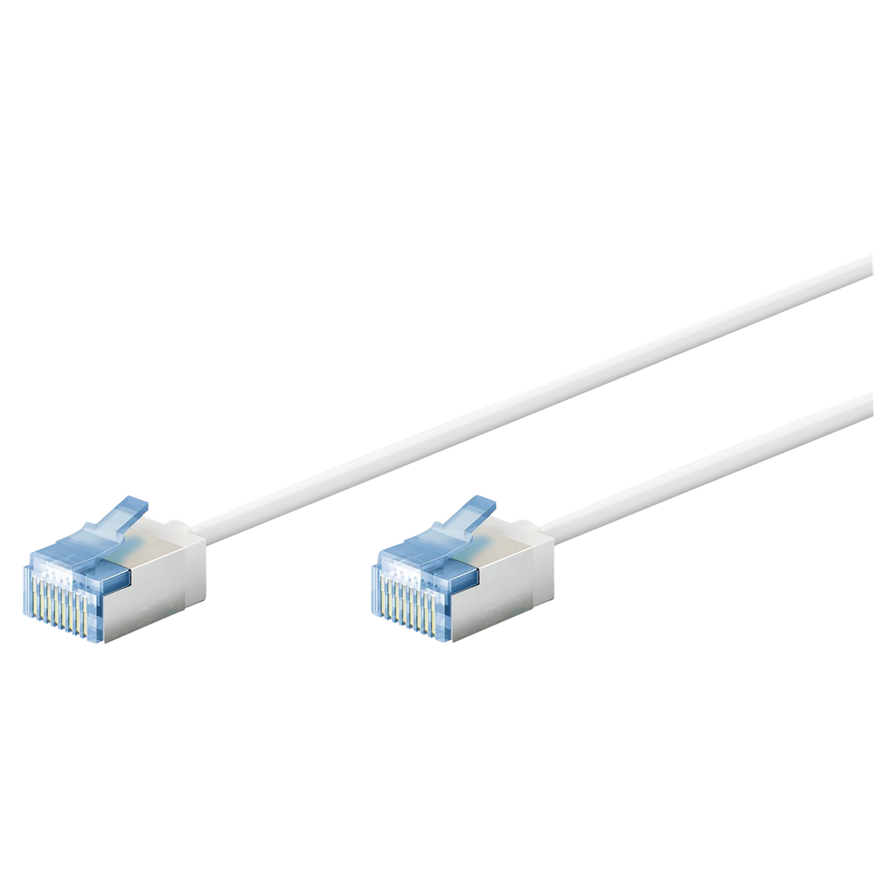 Białe kable sieciowe z niebieskimi złączami. Złącza mają przezroczyste detale.