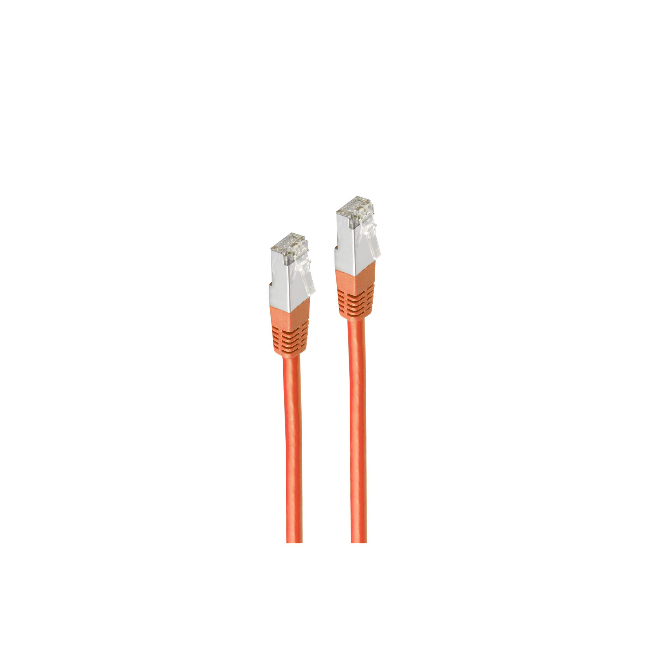 Zwei orangefarbene Ethernet-Kabel mit weißen Steckern auf weißem Hintergrund.