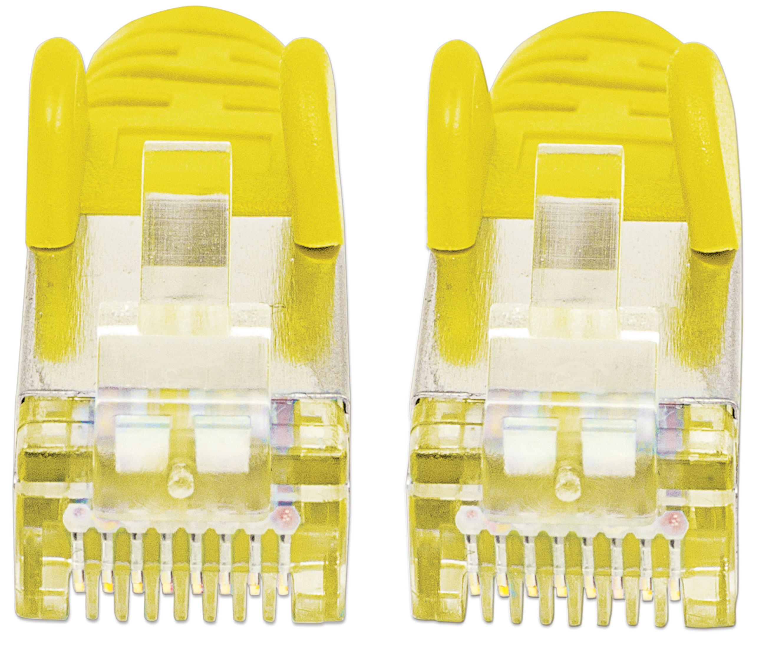 Due connettori RJ45, plastica gialla con testine di connettore in plastica trasparente.
