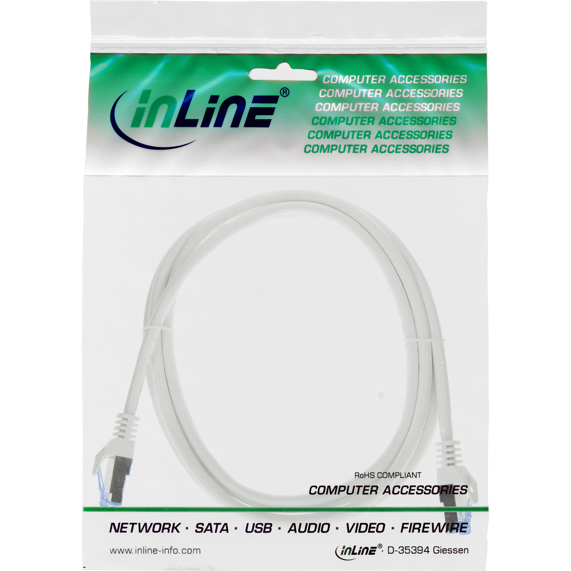 Un câble Ethernet blanc dans un emballage plastique avec le logo Inline et les informations produit.