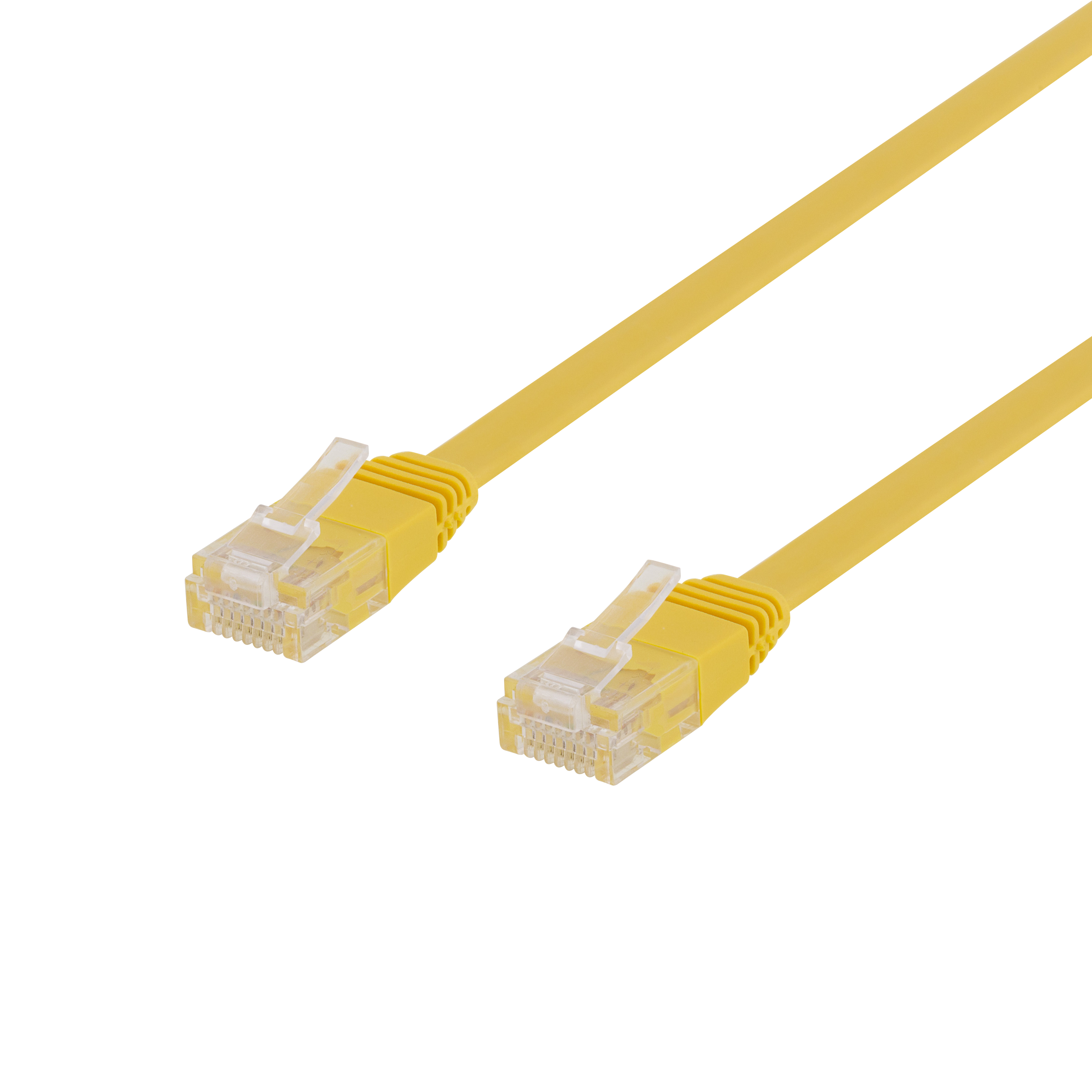 Cavo Ethernet giallo con connettori trasparenti, sfondo nero, scatto angolato.