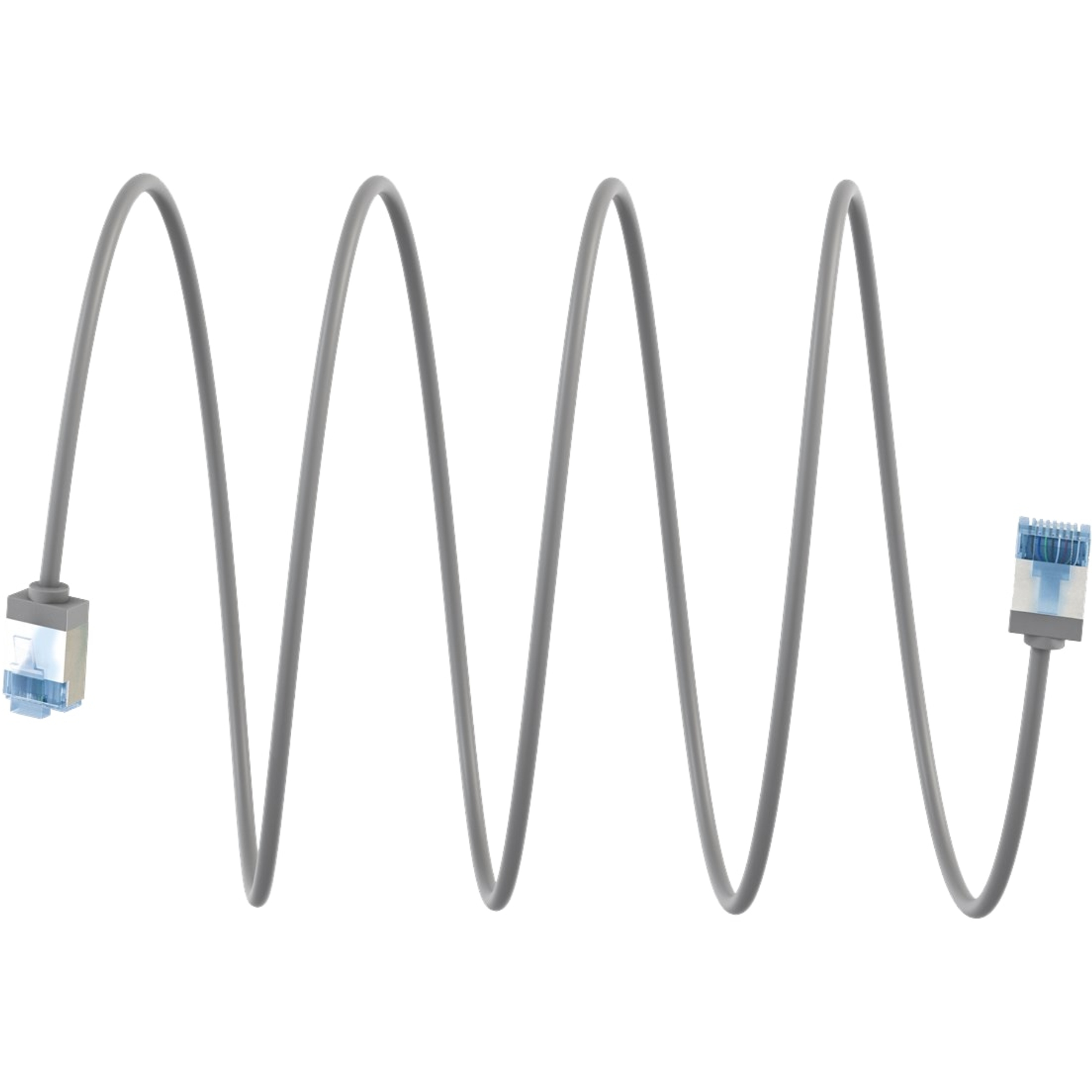 Cavo Ethernet grigio con connettori blu, arrotolato. Isolato su sfondo bianco.