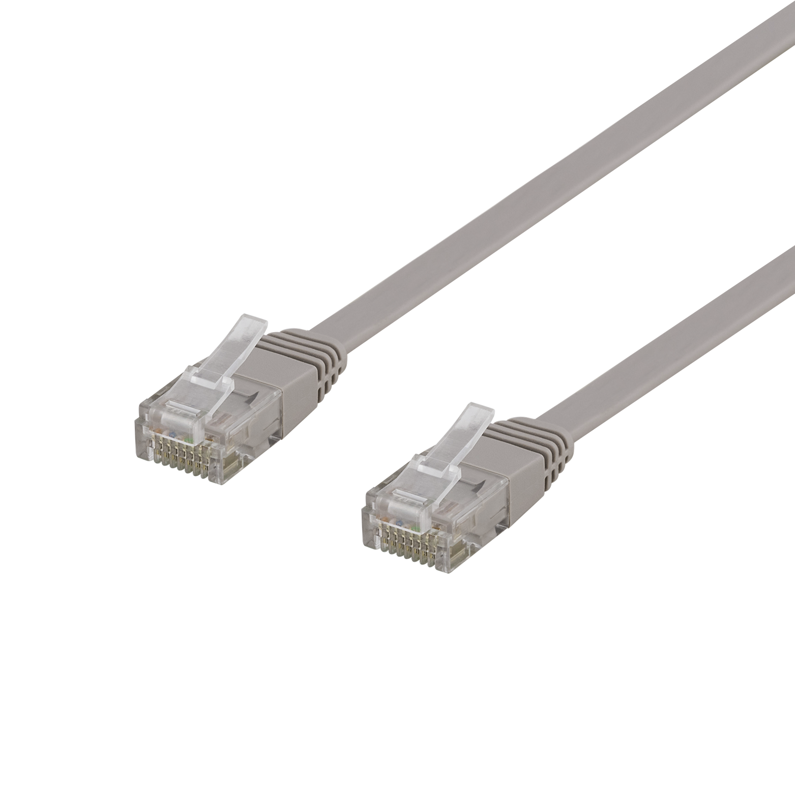 Due cavi ethernet grigi con connettori trasparenti. Lo sfondo è nero.