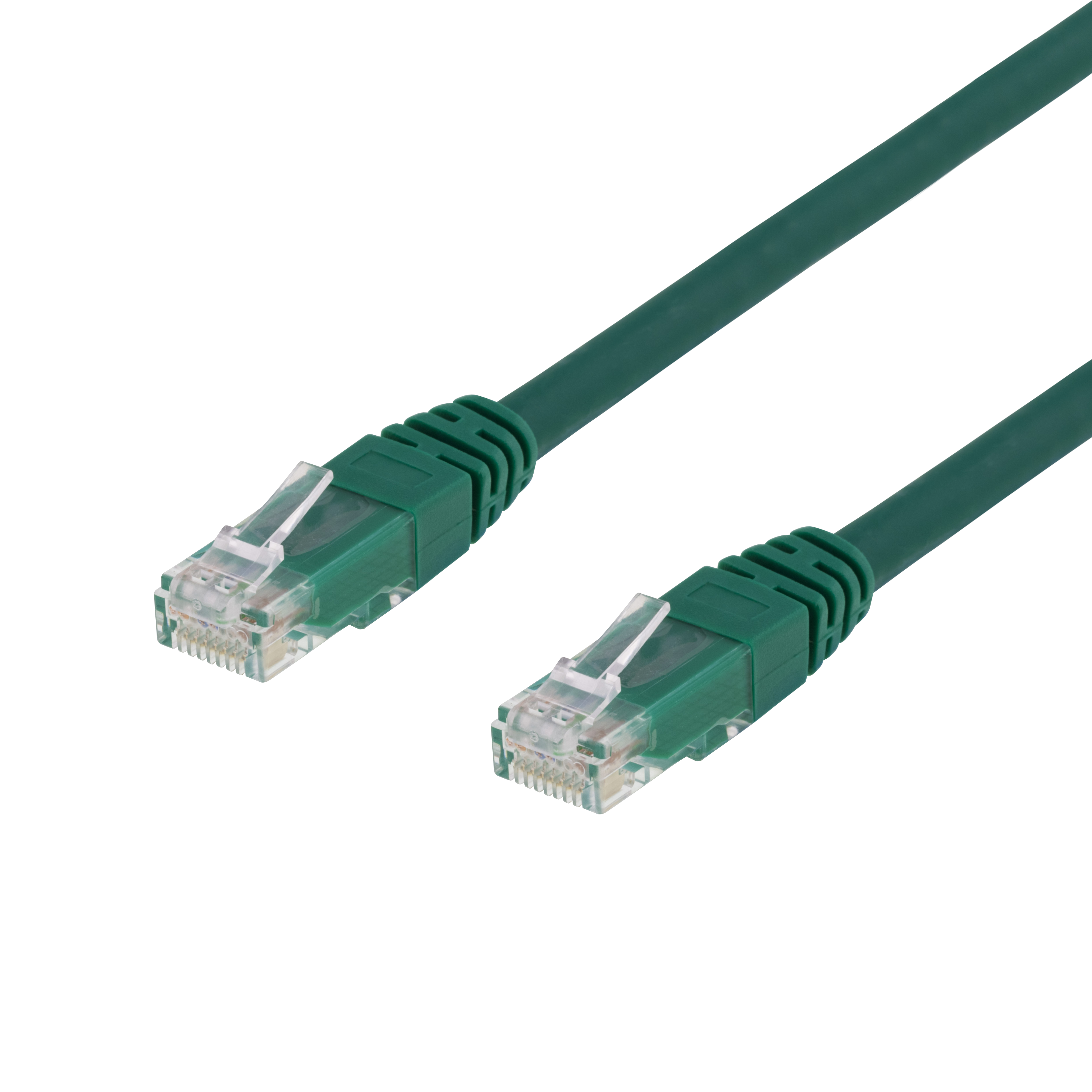 Due cavi Ethernet verdi con connettori trasparenti. I cavi sono su uno sfondo nero.