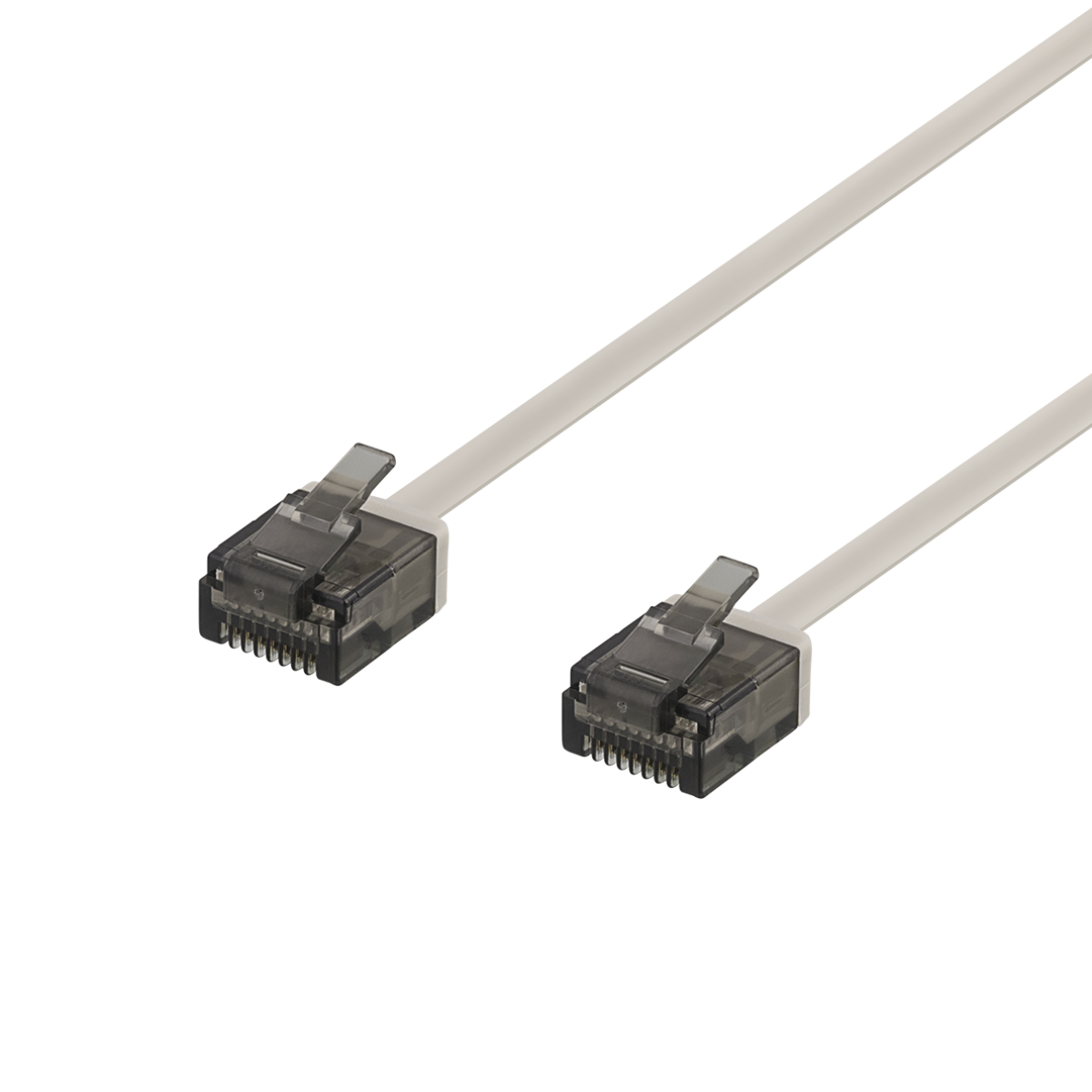 Due cavi Ethernet con connettori trasparenti. Isolati su sfondo nero.