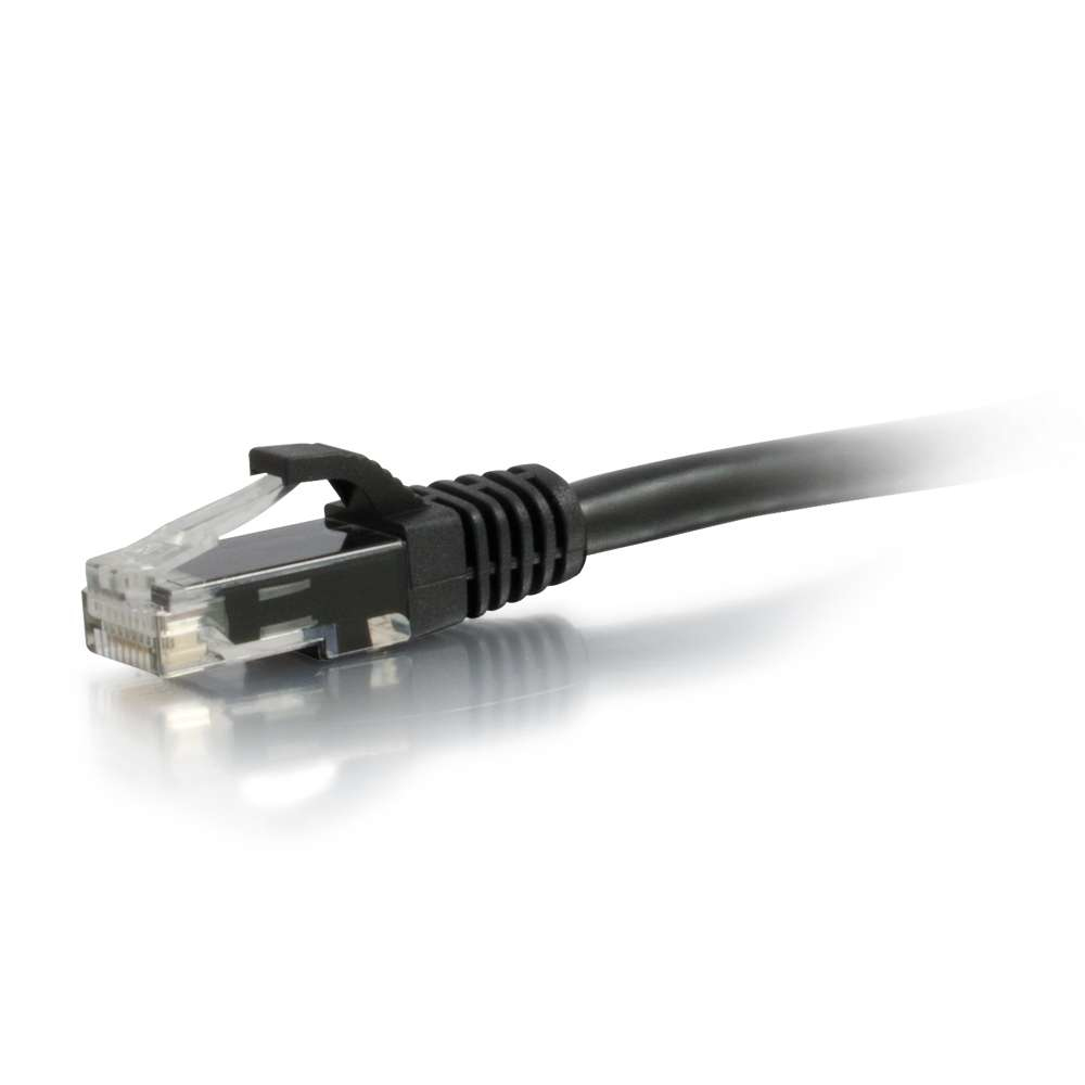 Cavo Ethernet nero con connettore trasparente. Sfondo bianco, vista angolata.