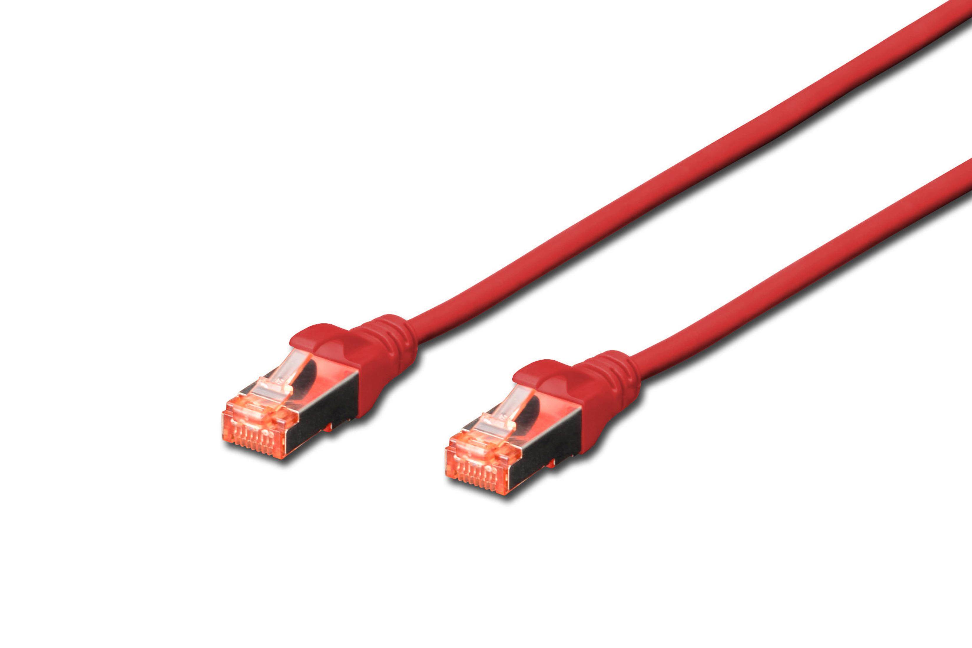 Deux câbles Ethernet rouges avec connecteurs rouges. Fond blanc, vue en angle.