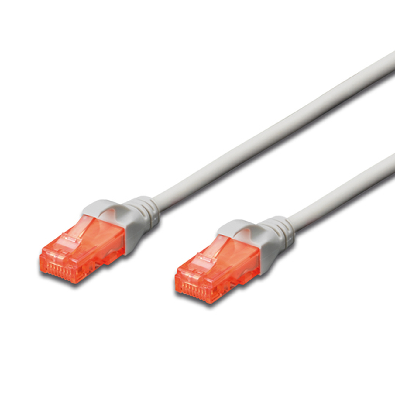 Due cavi Ethernet bianchi con connettori arancioni, su sfondo bianco.