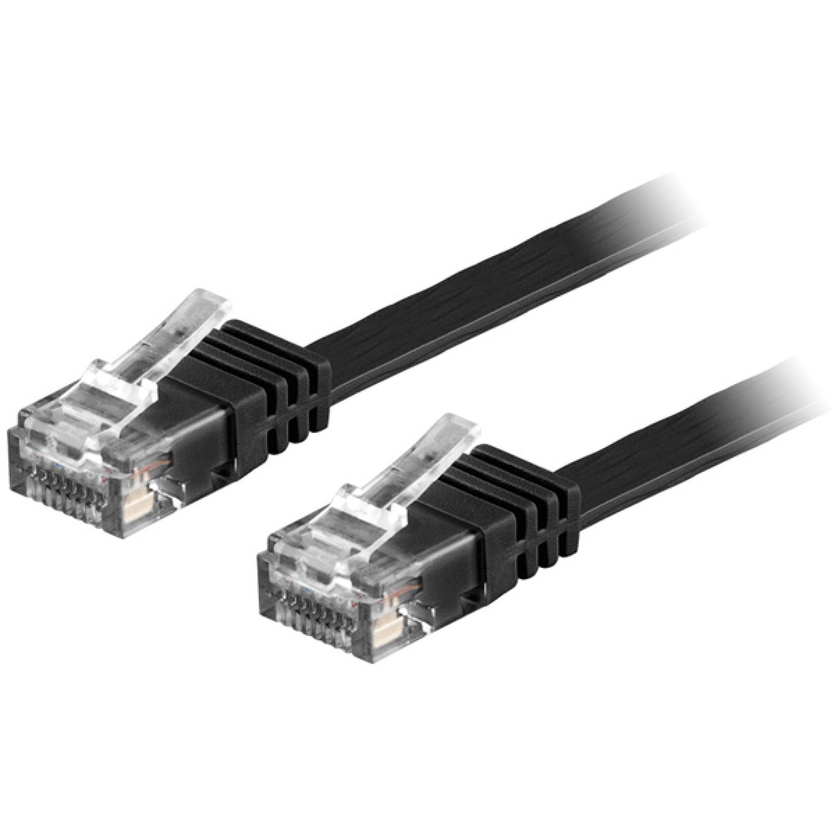Due cavi Ethernet neri. Ognuno ha un connettore con una clip di plastica trasparente.