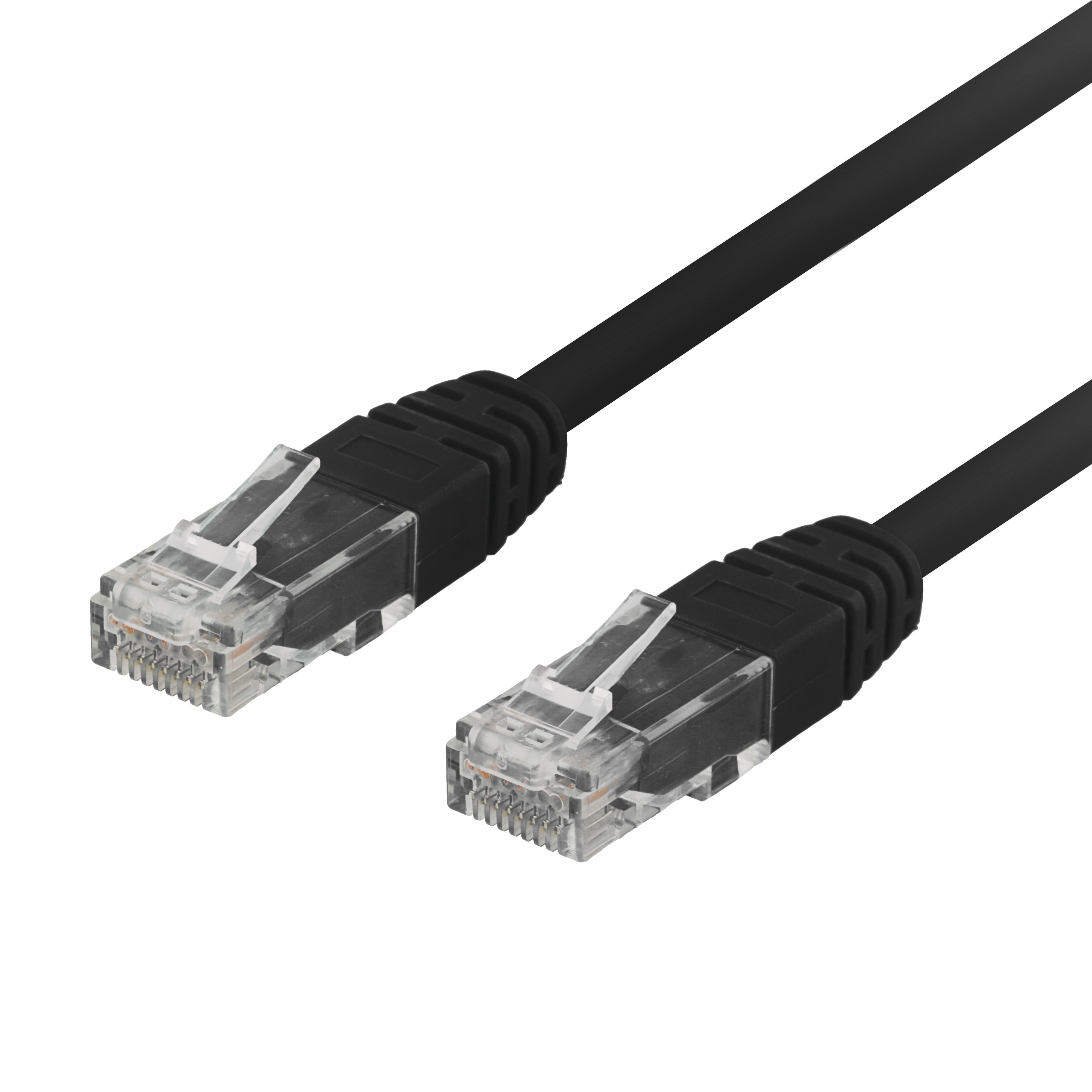 Due cavi Ethernet neri con connettori trasparenti su sfondo nero.