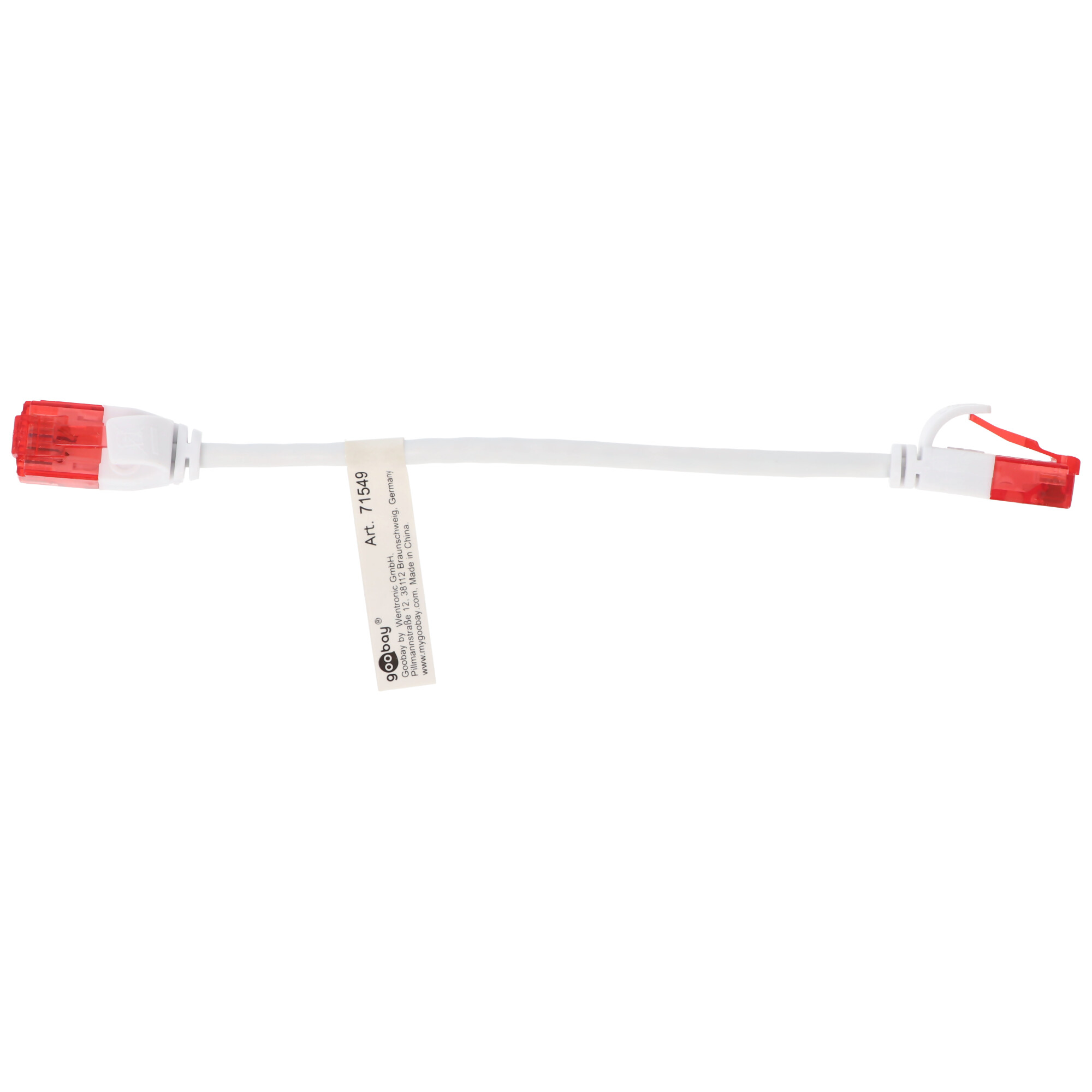 Cavo Ethernet bianco con connettori rossi, con etichetta. Sfondo bianco.