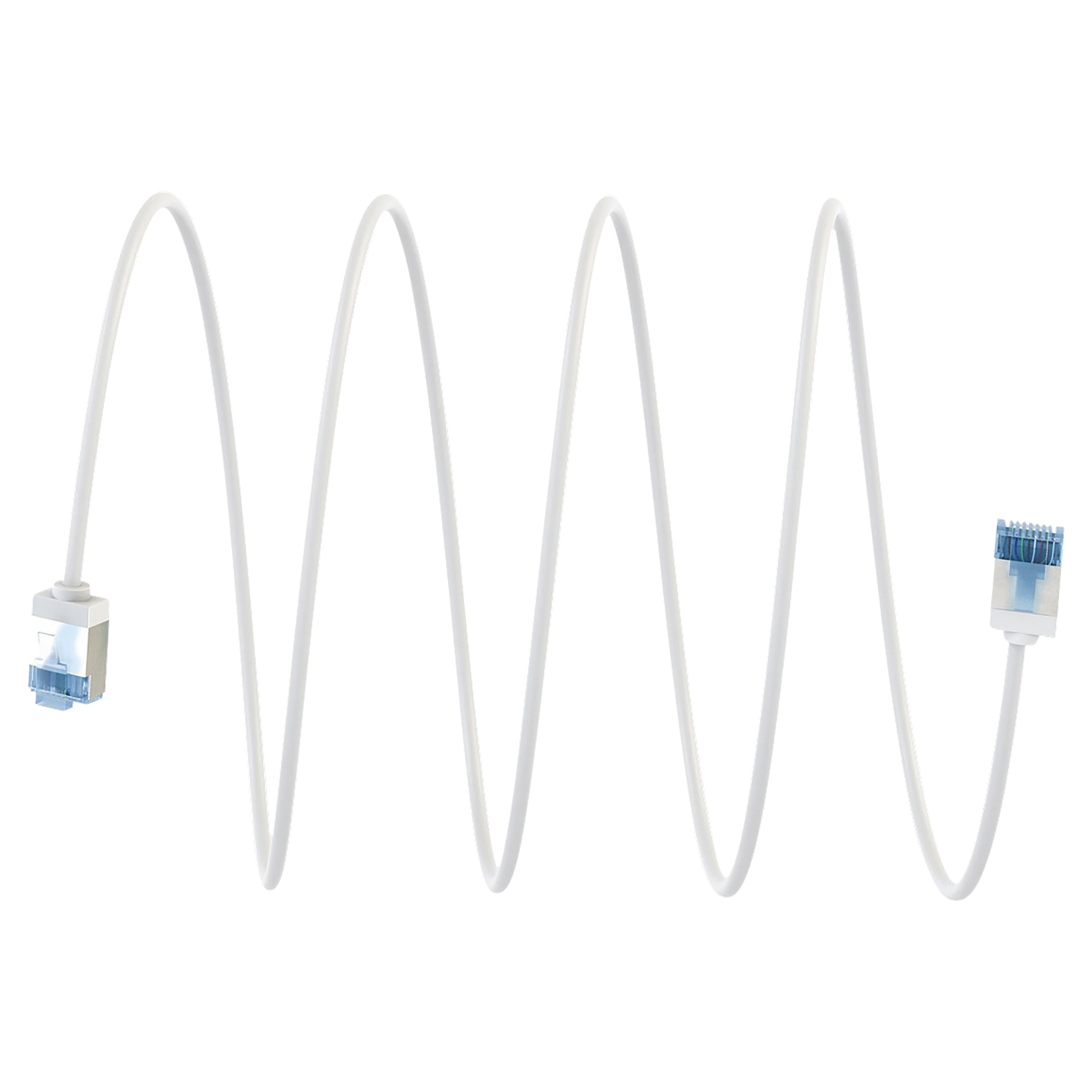 Un cavo di rete bianco con connettori blu a forma di onda su sfondo bianco.