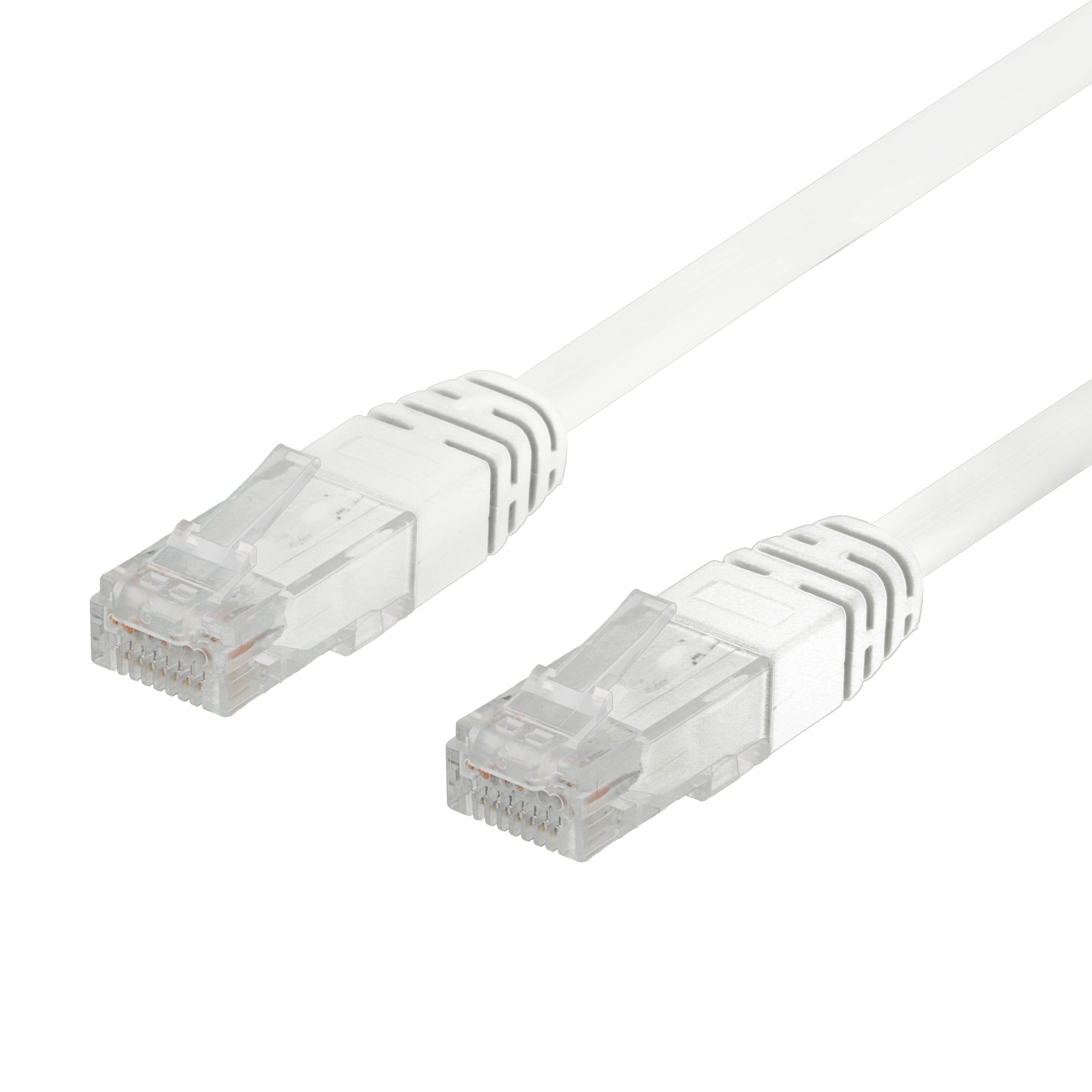 Cavo Ethernet bianco con connettori su sfondo nero.