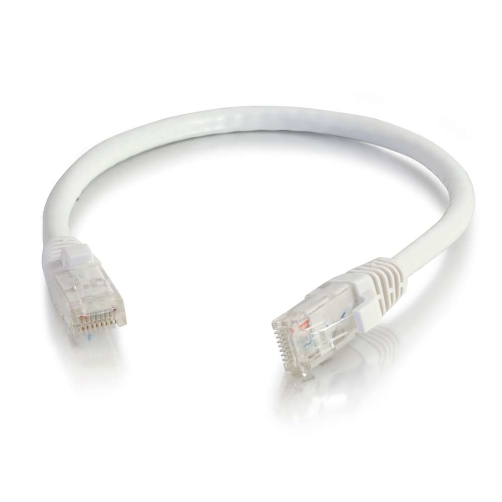 Cavo Ethernet bianco ad anello con connettori trasparenti. Sfondo bianco.