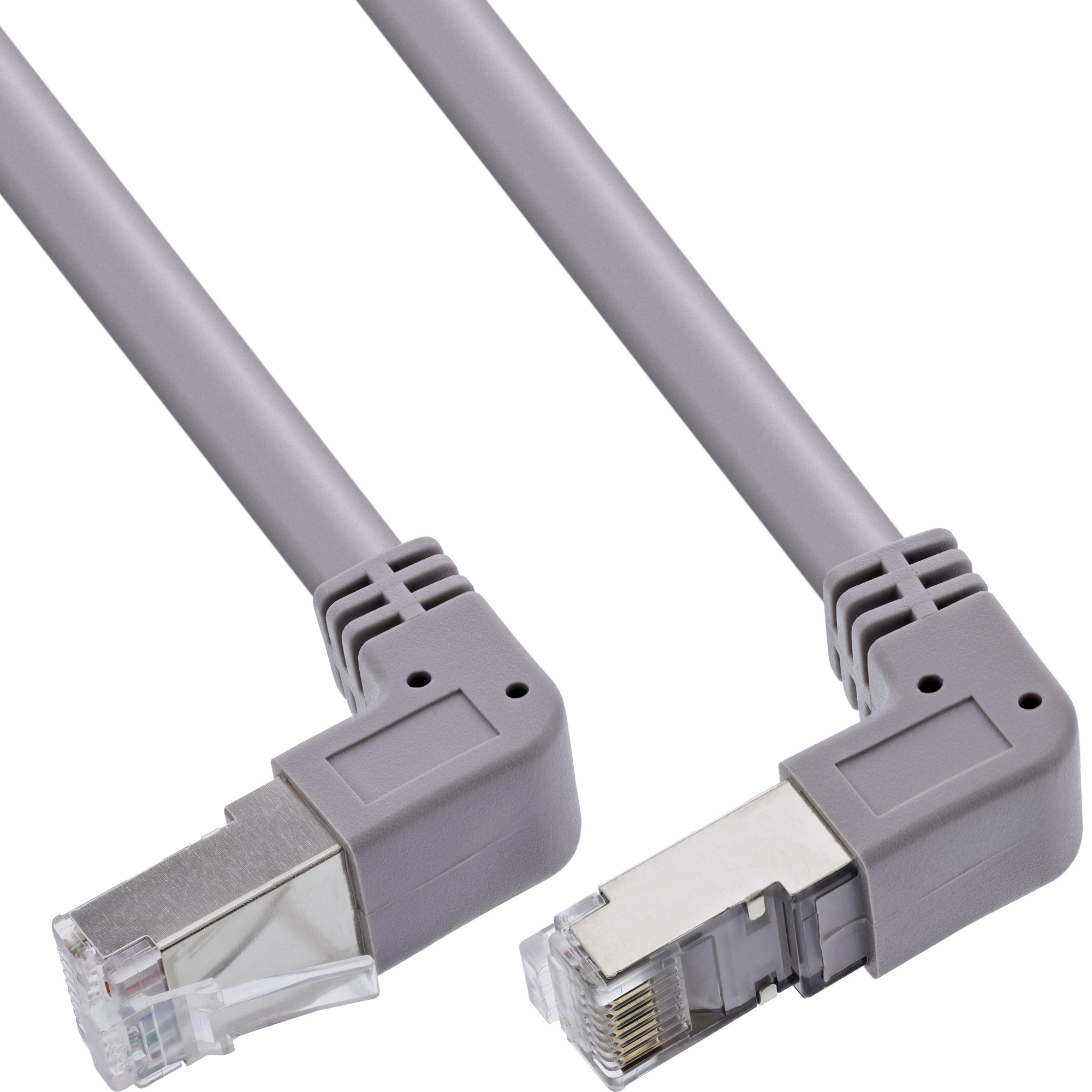Twee grijze ethernetkabels met haakse connectoren op witte achtergrond.