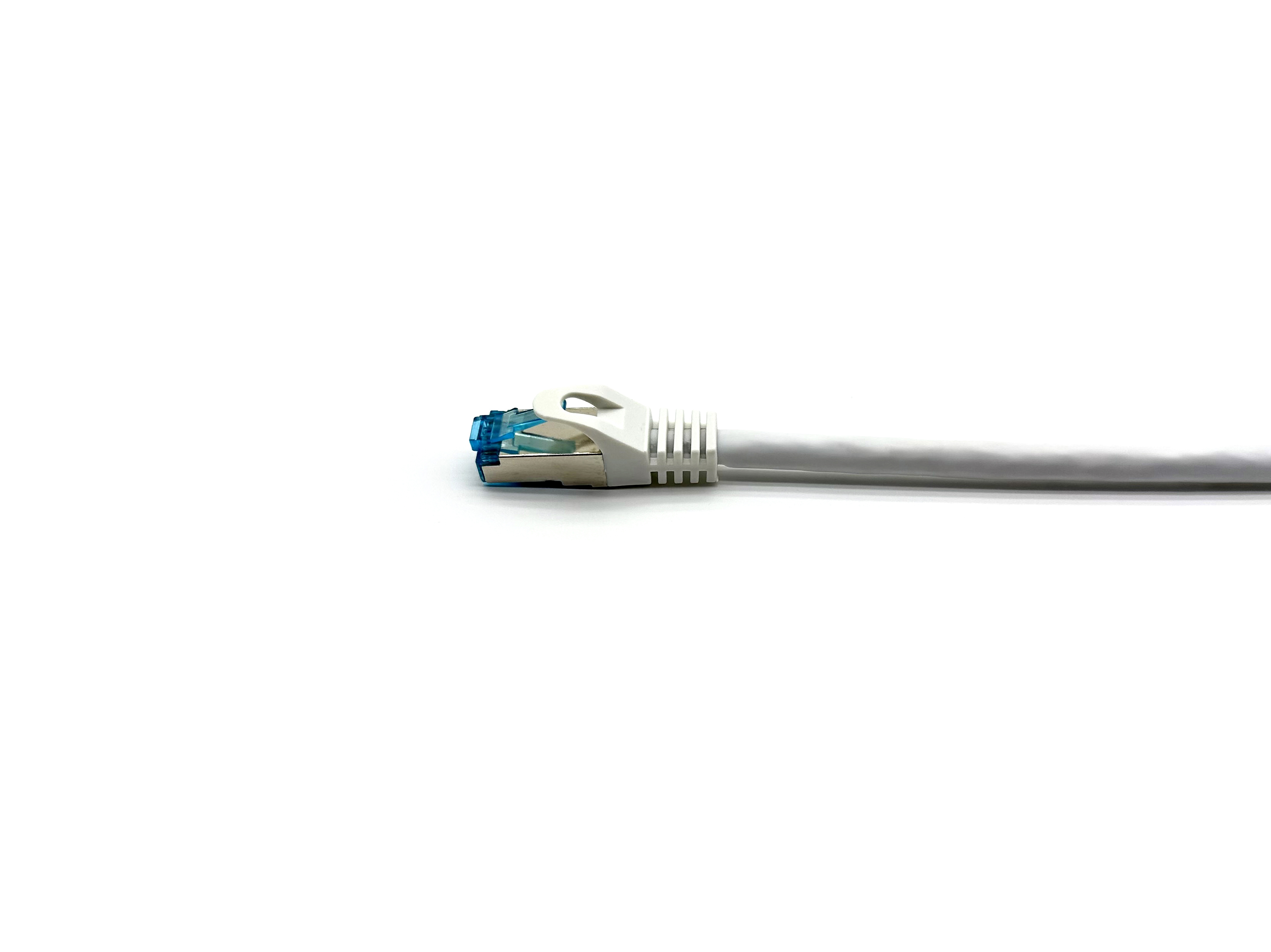 Cavo Ethernet bianco con connettore blu su sfondo bianco.
