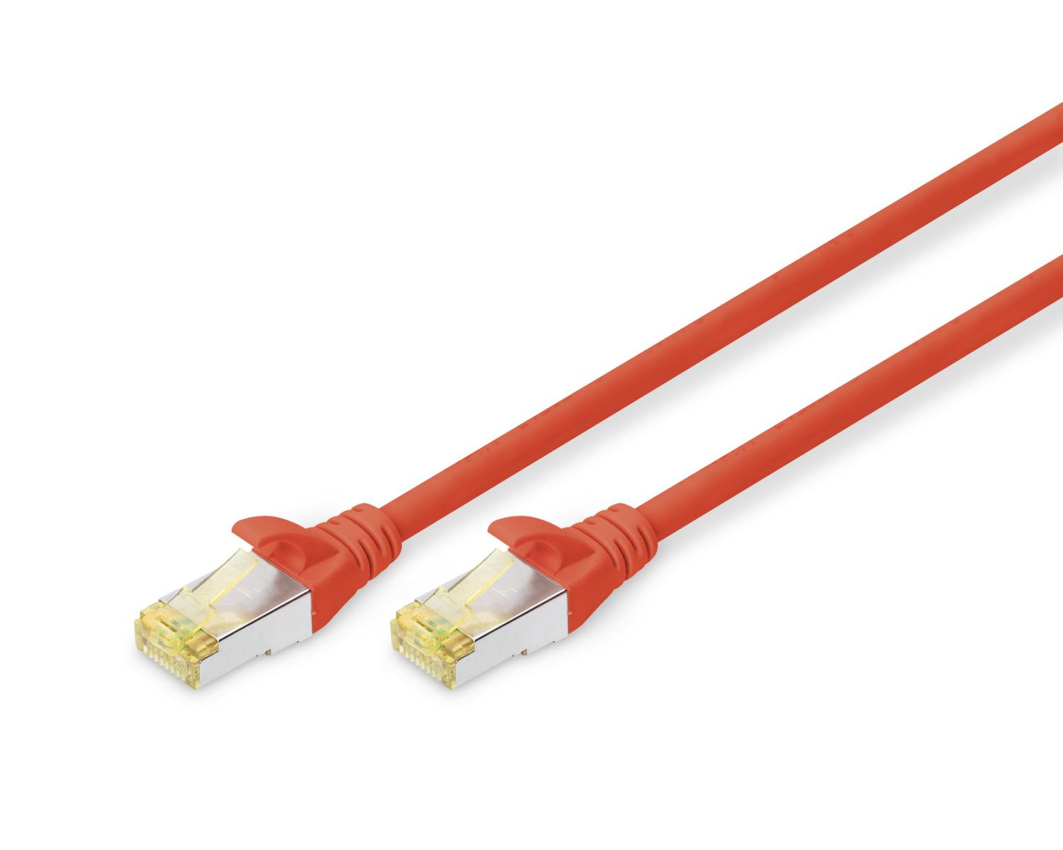 Deux câbles Ethernet orange avec connecteurs jaunes sur une surface blanche.