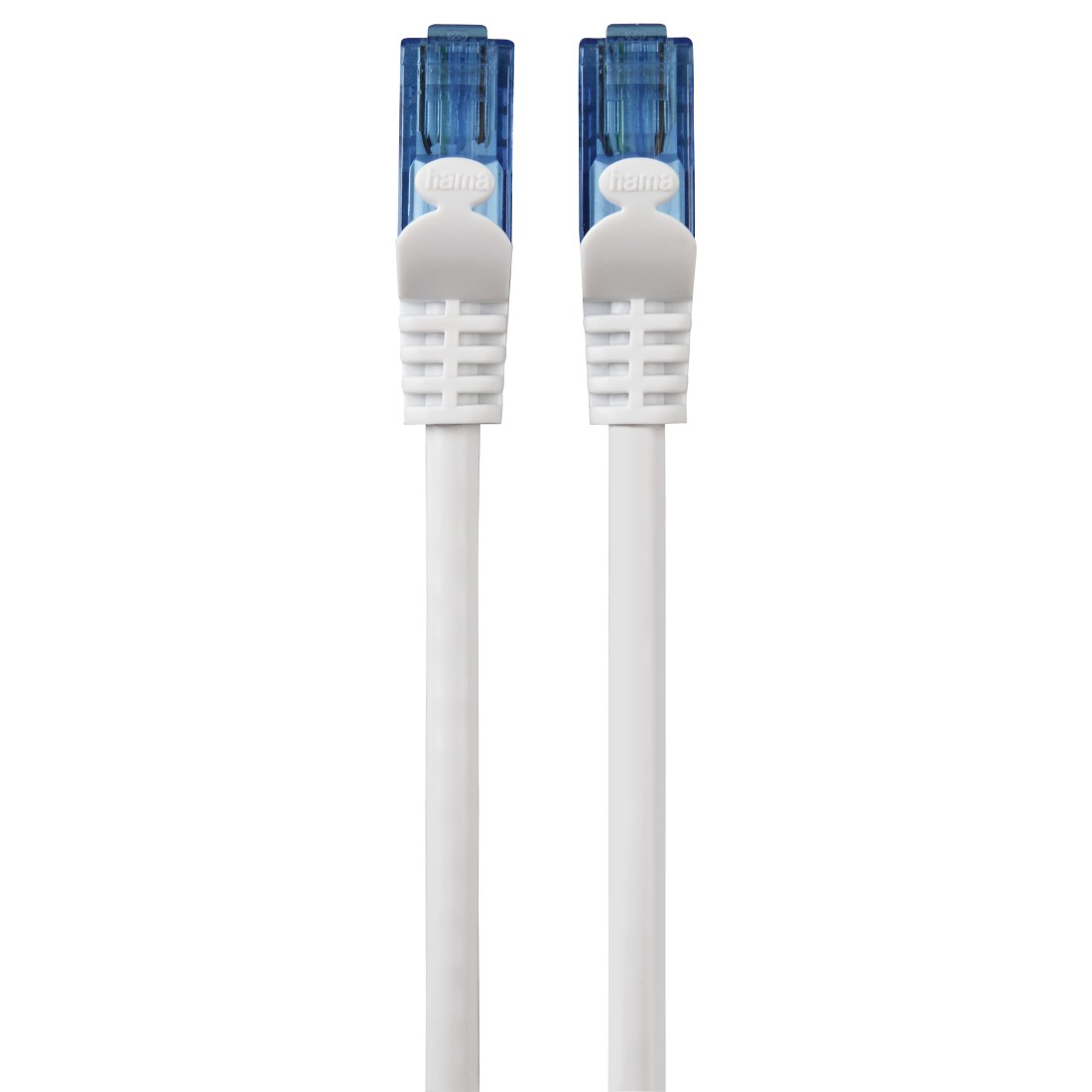 Zwei weiße Netzwerkkabel mit blauen Steckern auf weißem Hintergrund.