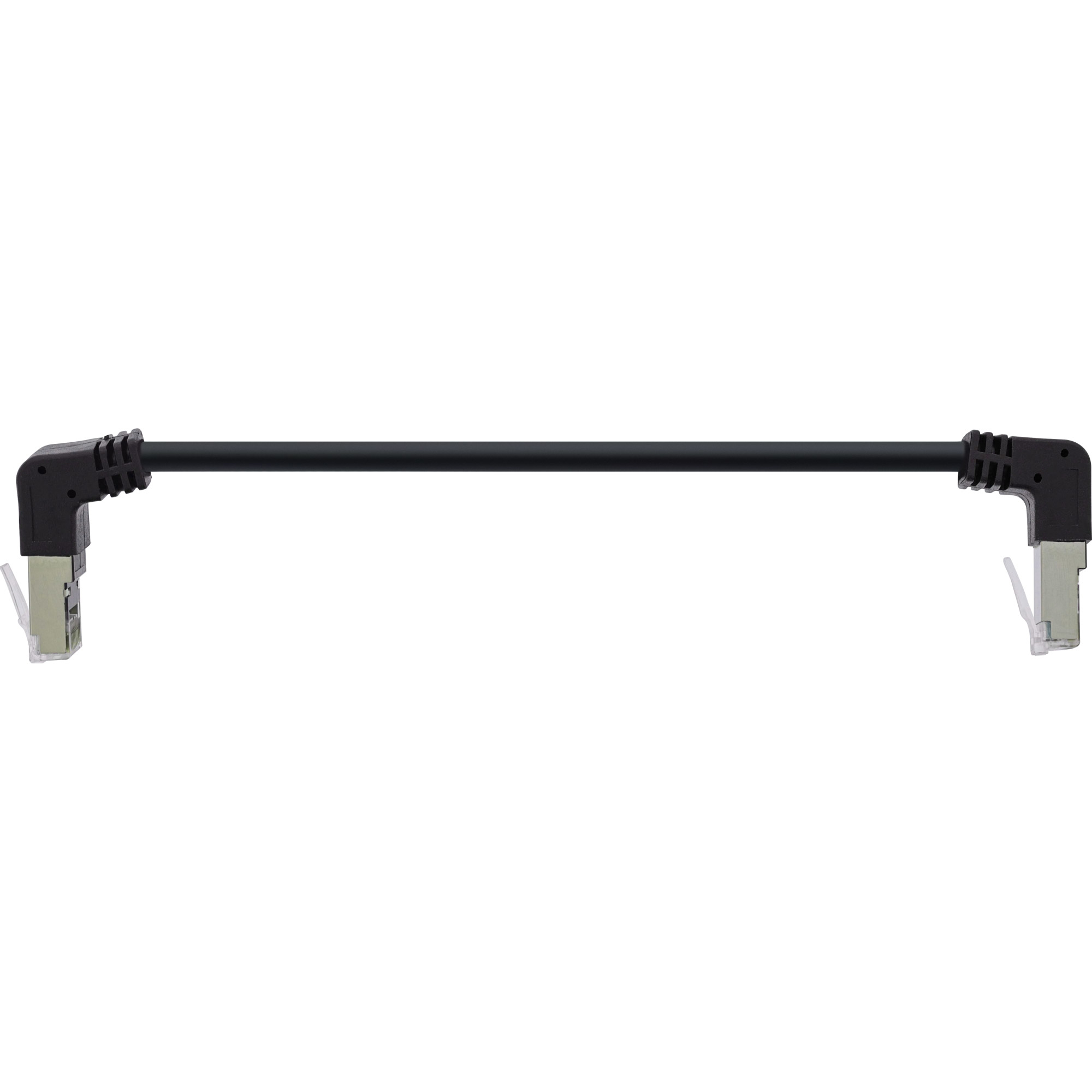 Czarny kabel Ethernet z kątowymi złączami na białym tle.