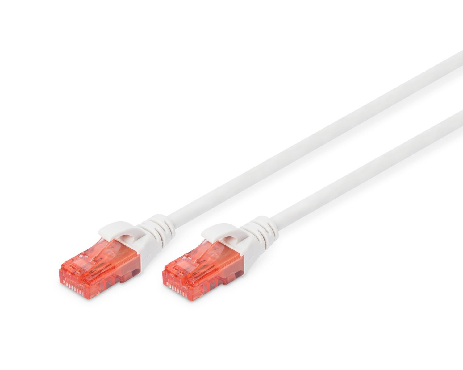 Twee witte netwerkkabels met rode connectoren op een witte achtergrond.