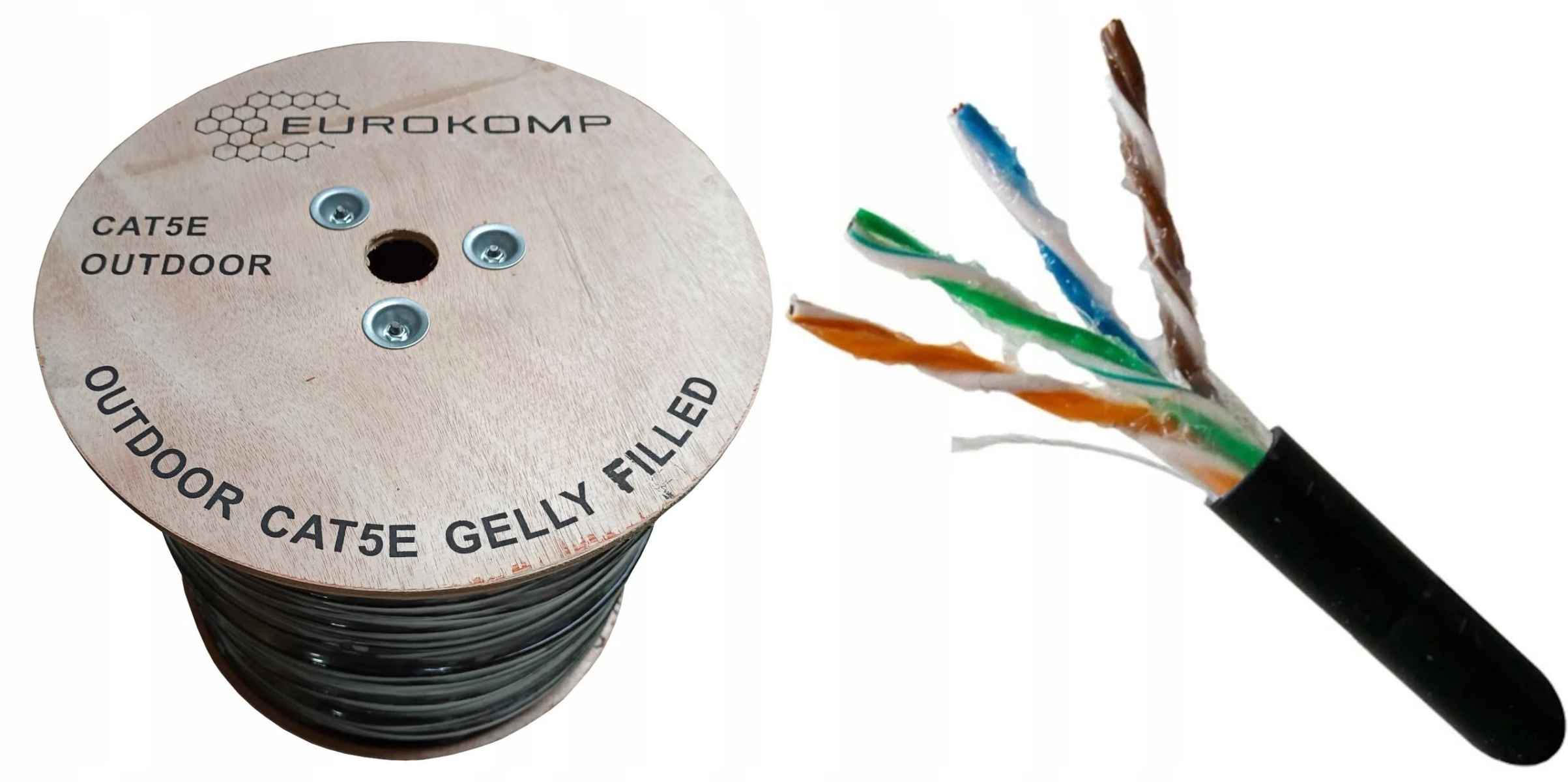 A wooden spool with network cable and a cut cable showing the wires.