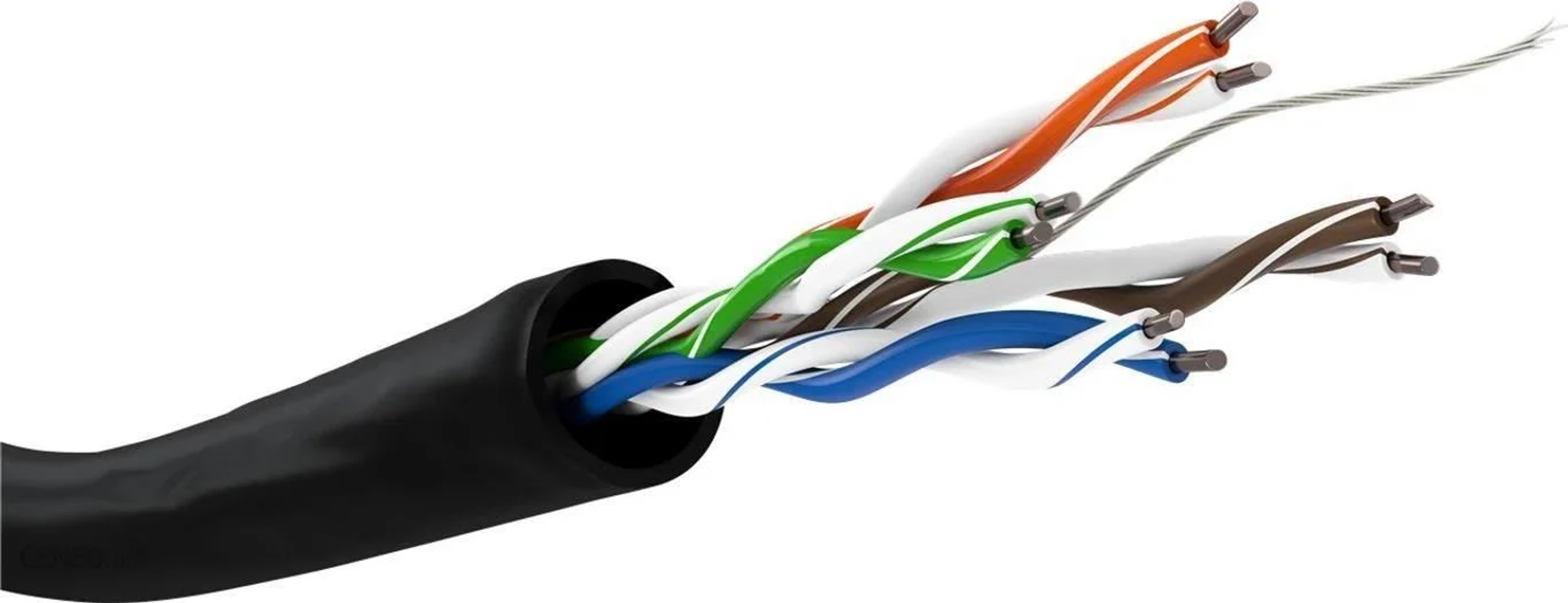 Ethernet cable cut open to show the internal wires. Black insulation and white background.