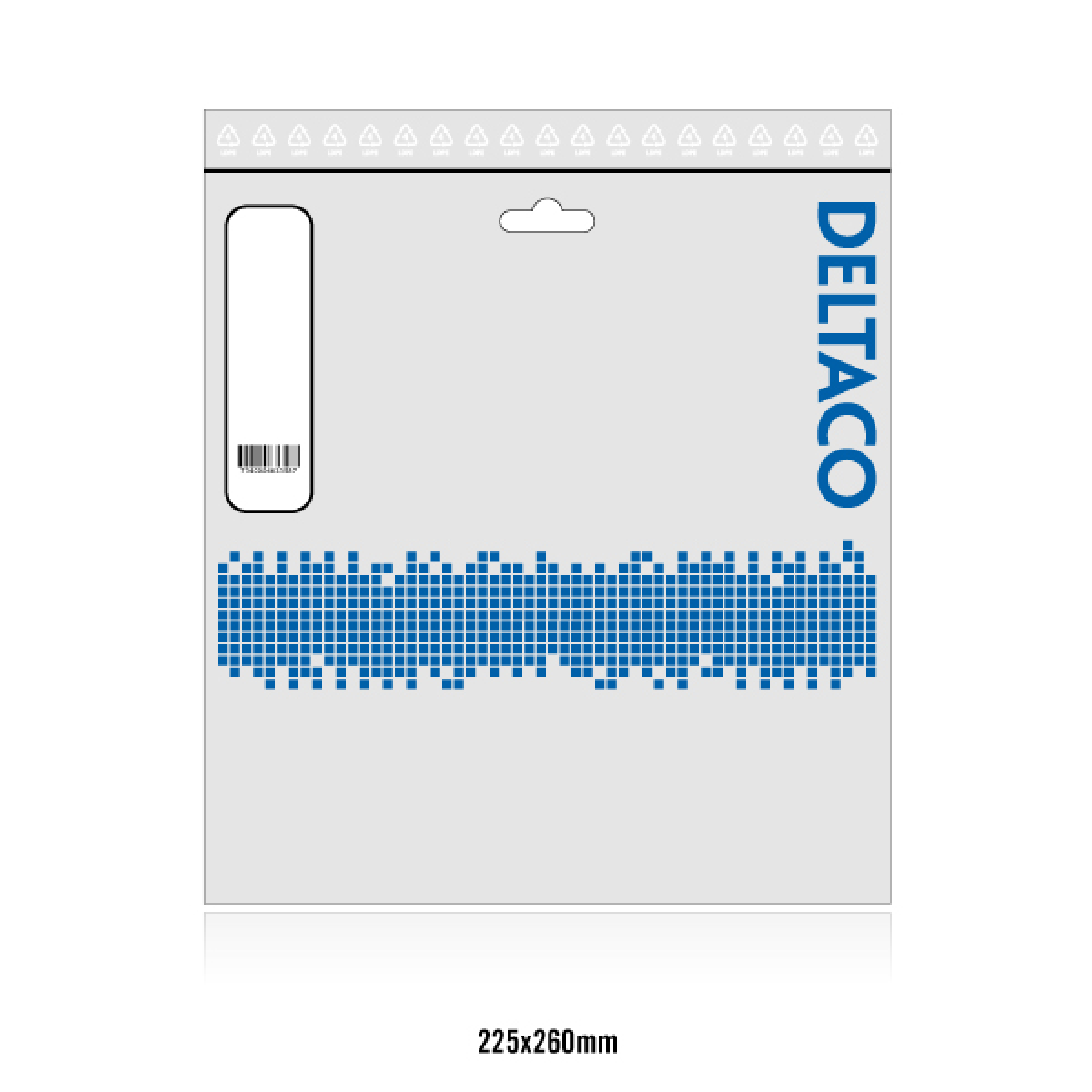Un sacchetto di plastica per prodotti, con un design pixelato blu e il logo DELTACO.