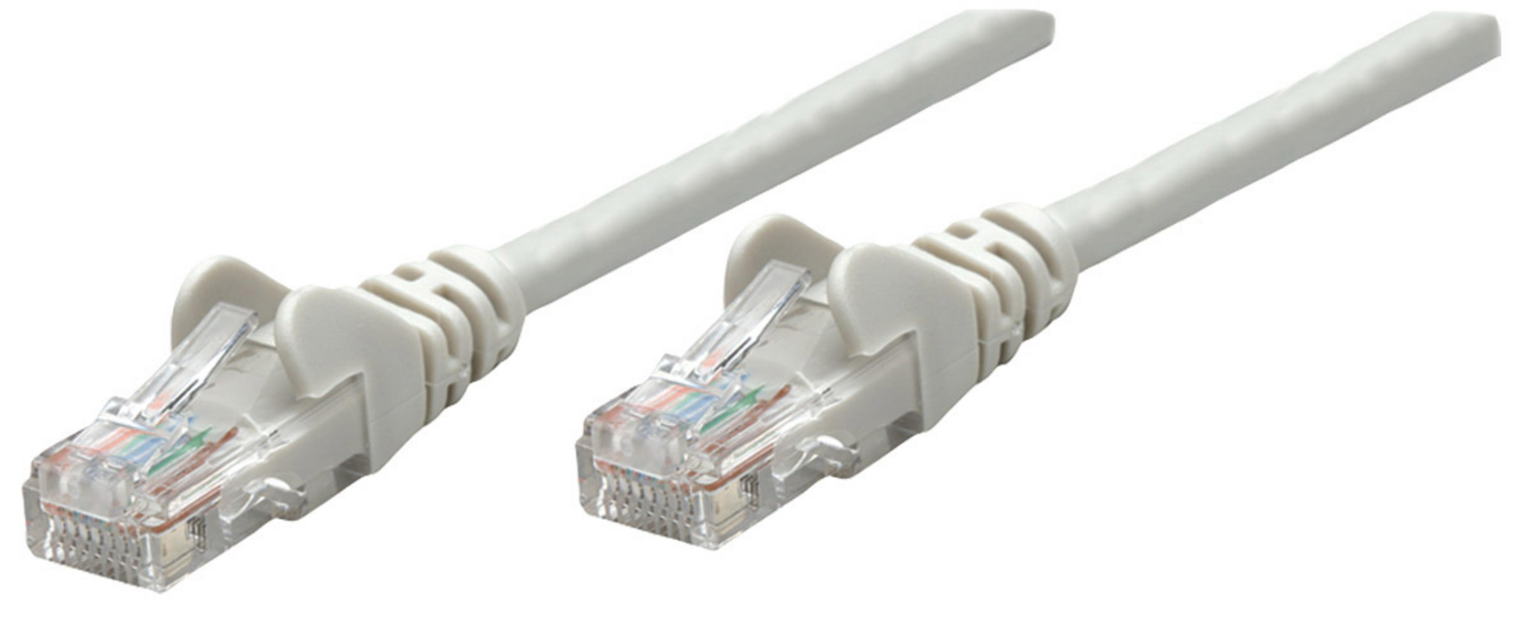 Deux câbles réseau blancs avec des connecteurs transparents, sur fond blanc.