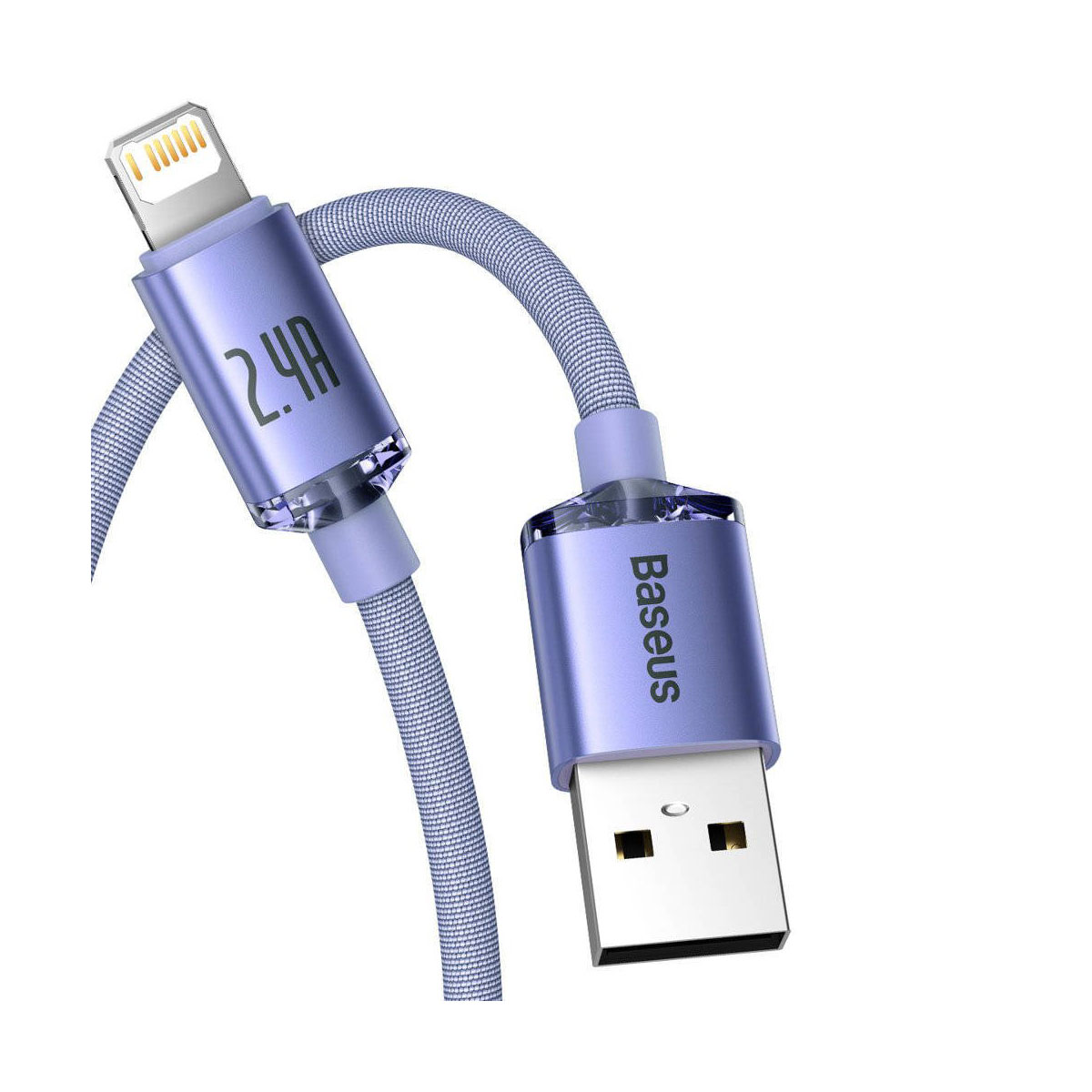 Fioletowy kabel USB z złączem Lightning i USB.