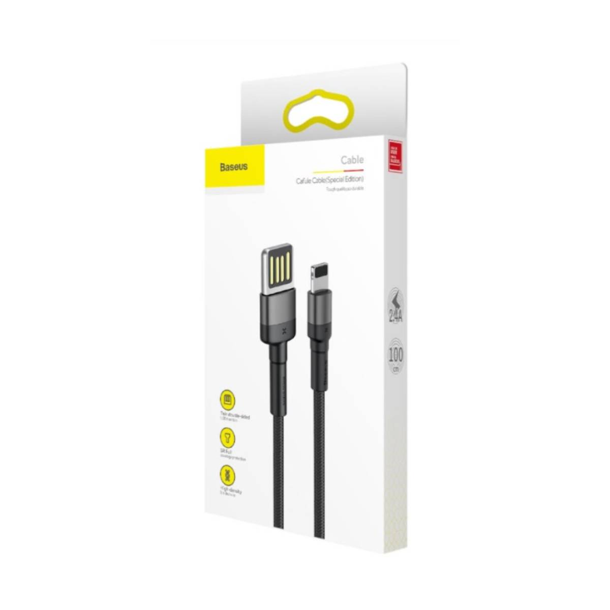 Caja de cable USB-C blanca y negra con el cable dentro, sobre fondo blanco.