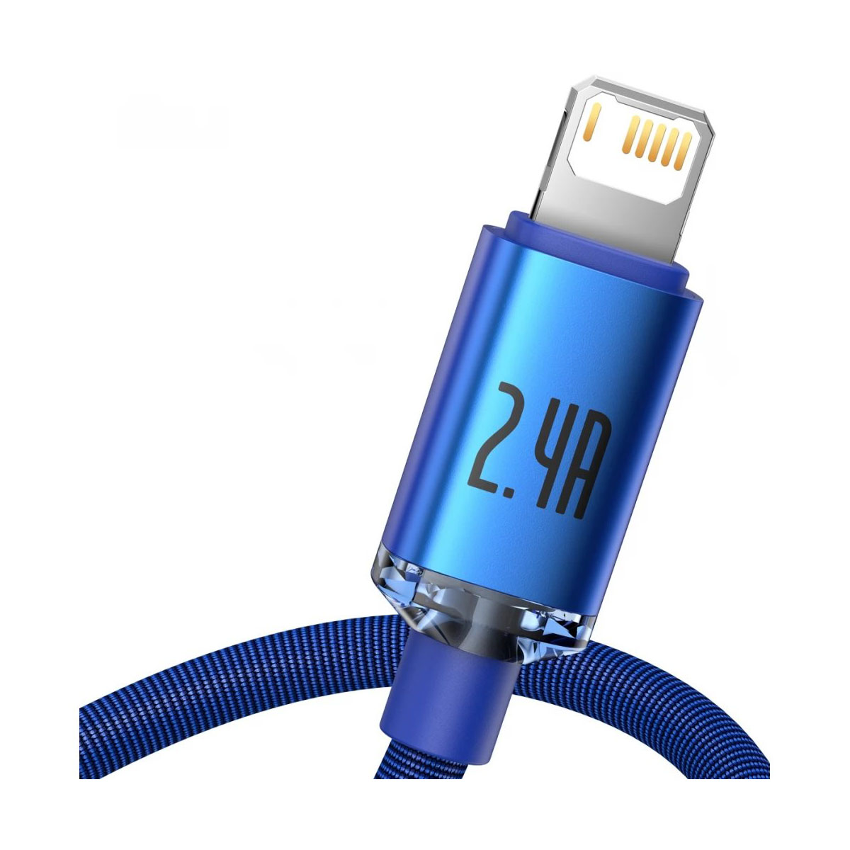 Niebieski kabel USB z złączem Lightning i napisem 2.4A.