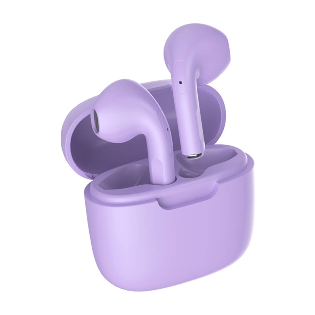 Fioletowe bezprzewodowe słuchawki douszne w fioletowym etui ładującym, na białym tle.
