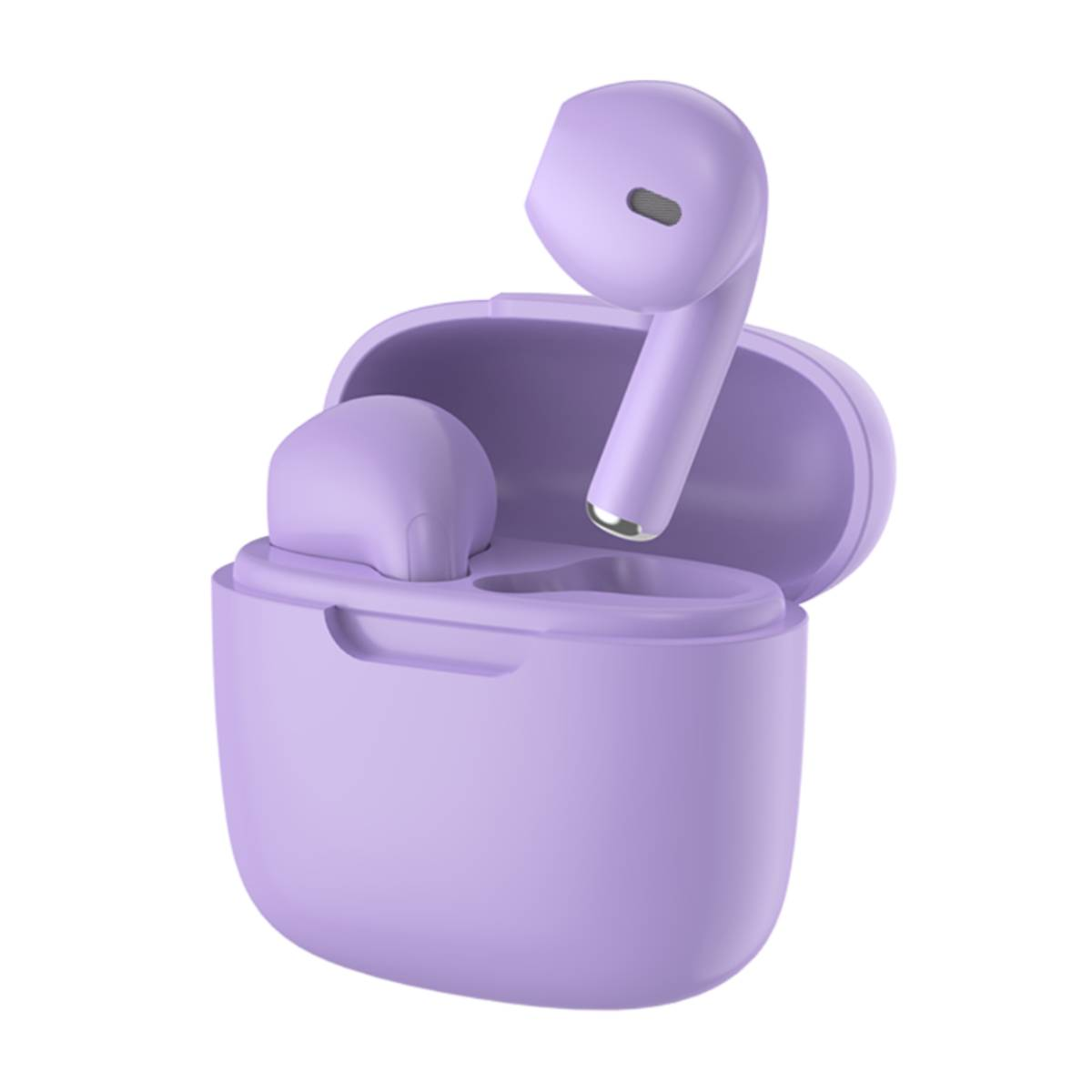 Para fioletowych słuchawek bezprzewodowych i etui ładujące na białym tle.