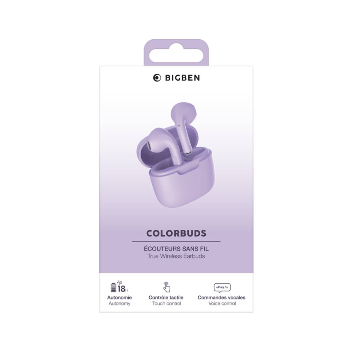 Fioletowe słuchawki w etui na pudełku. Napis: 'COLORBUDS' i 'BIGBEN'.