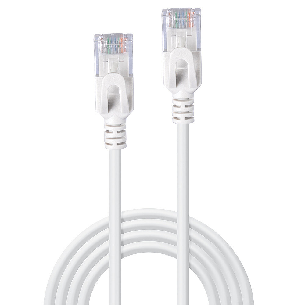 Deux câbles Ethernet blancs avec connecteurs blancs sur fond blanc.