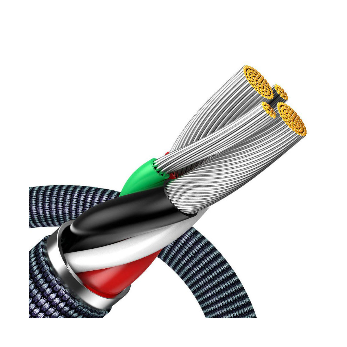 Zbliżenie wielokolorowego kabla, ukazujące wewnętrzne przewody.