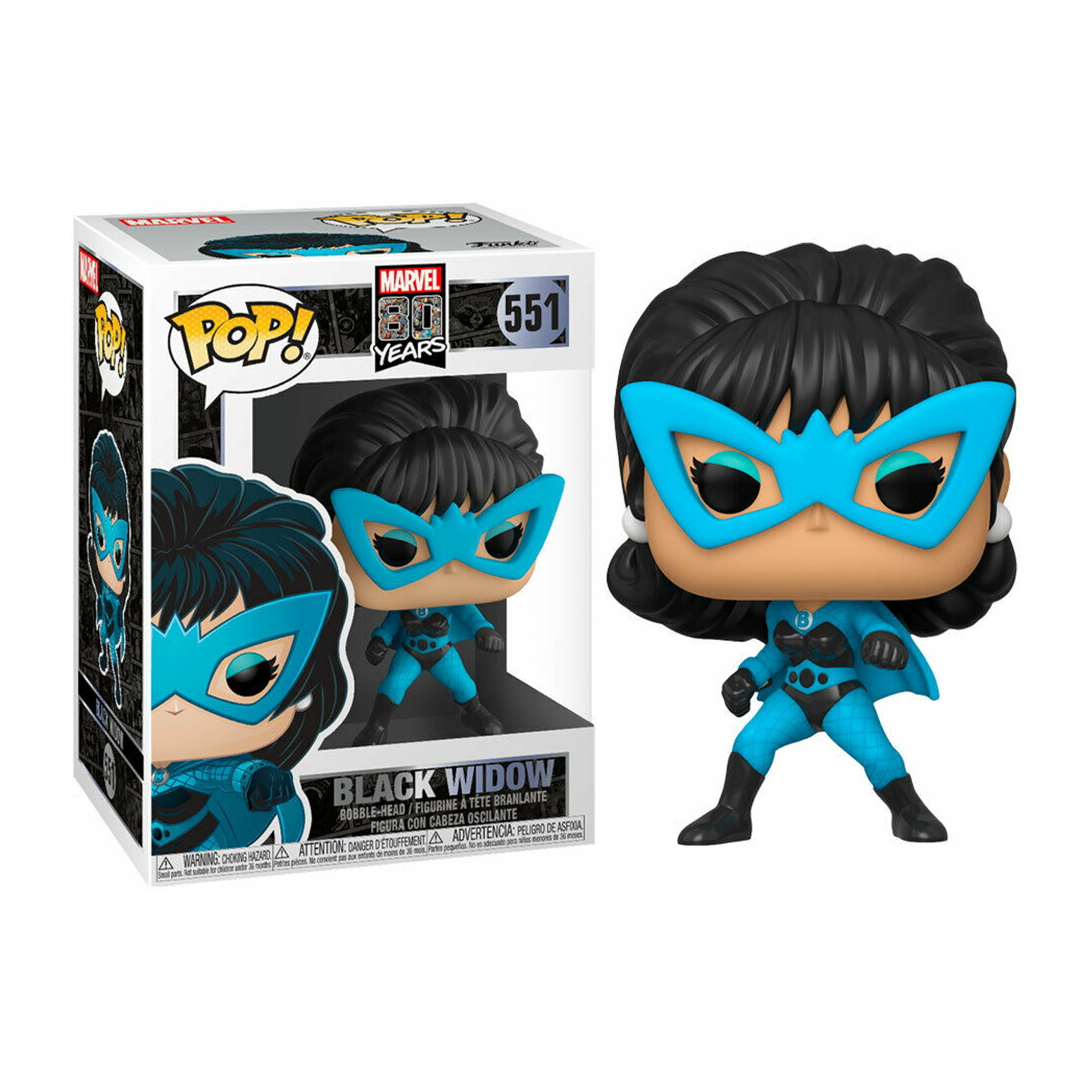 Figurka Black Widow Funko Pop!. Pudełko i figurka są widoczne. Figurka pozuje. Białe tło.