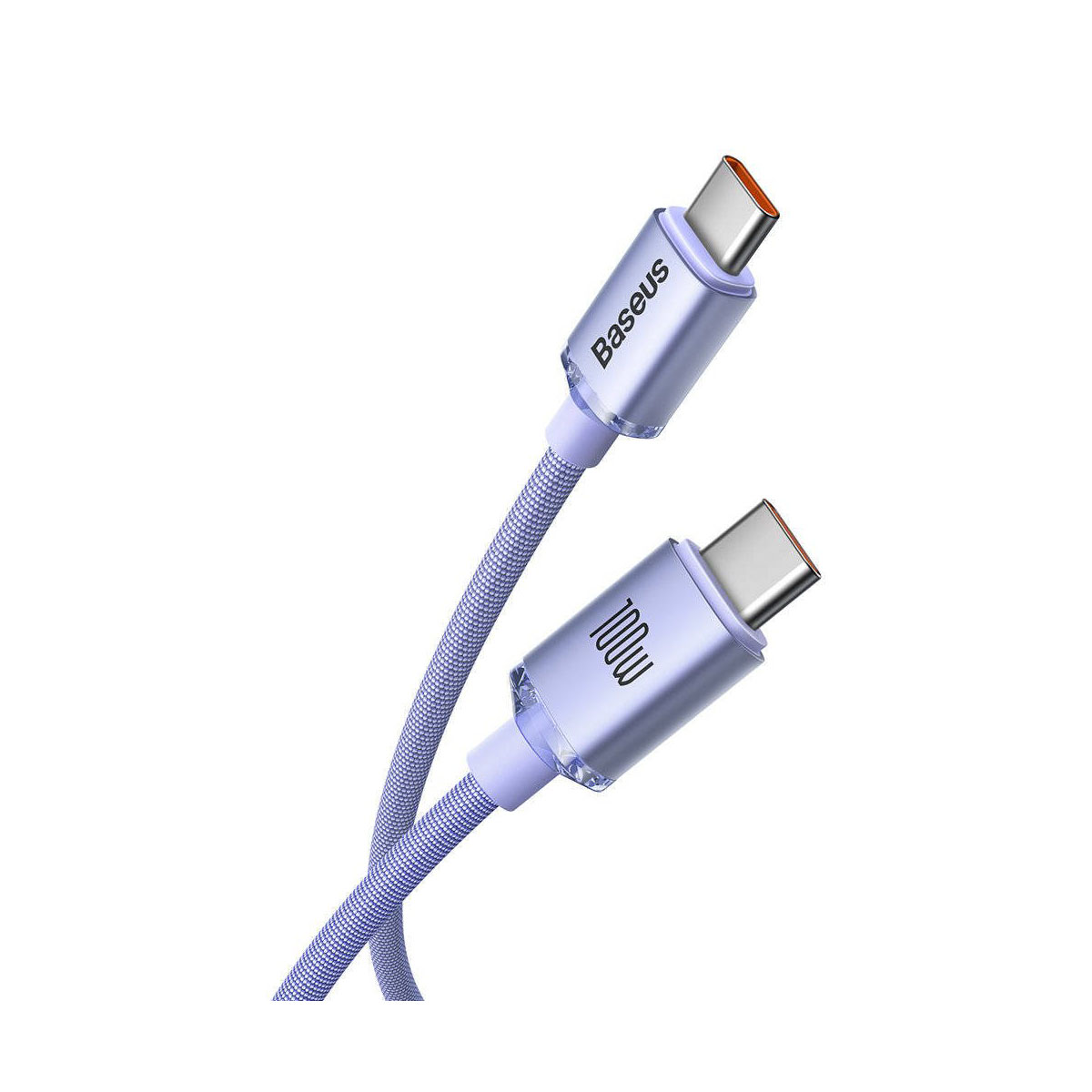 Deux câbles USB-C violets avec étiquettes '100W' et 'Baseus'.