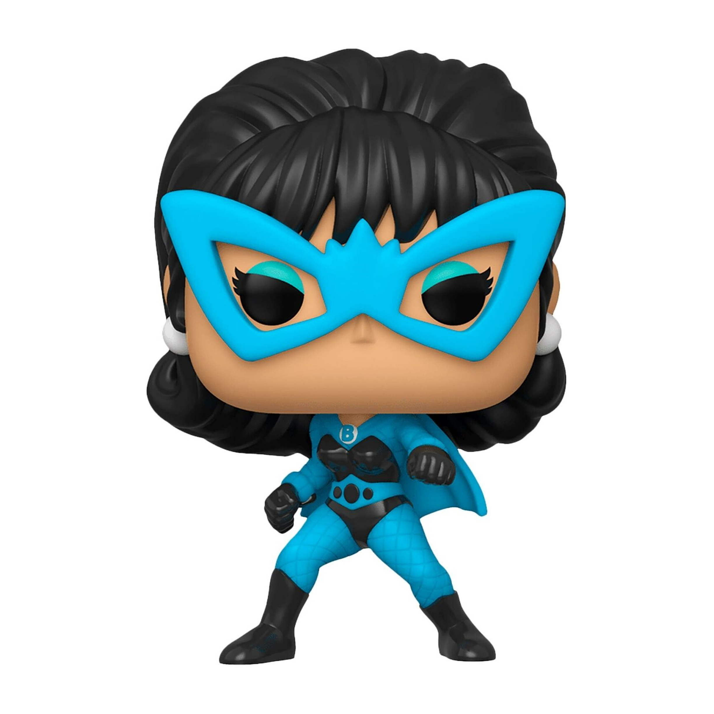 Figurka Funko Pop superbohaterki w niebieskim kostiumie z maską.