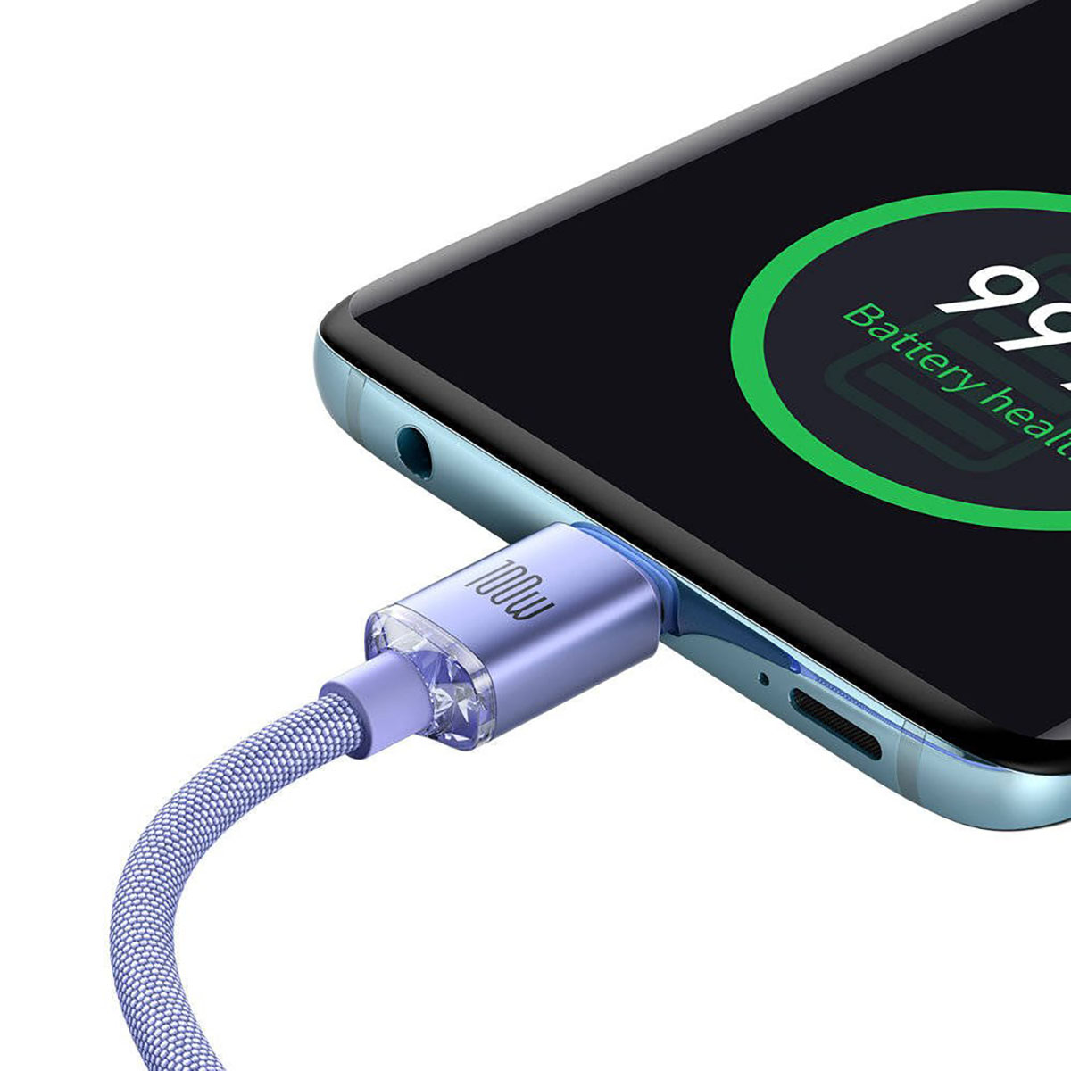 Telefono in carica con cavo Baseus viola, indicatore di salute della batteria sullo schermo.