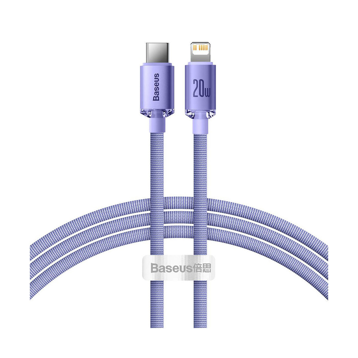 Dwa kable do ładowania Baseus, fioletowe, z różnymi złączami. Są równoległe.