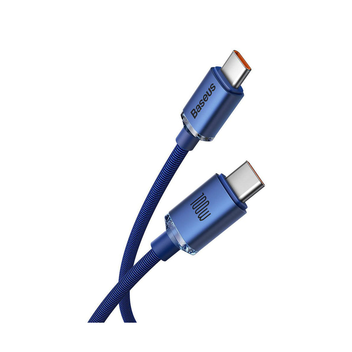 Niebieski kabel USB-C z napisem 100W. Przezroczyste złącze i pleciony kabel.