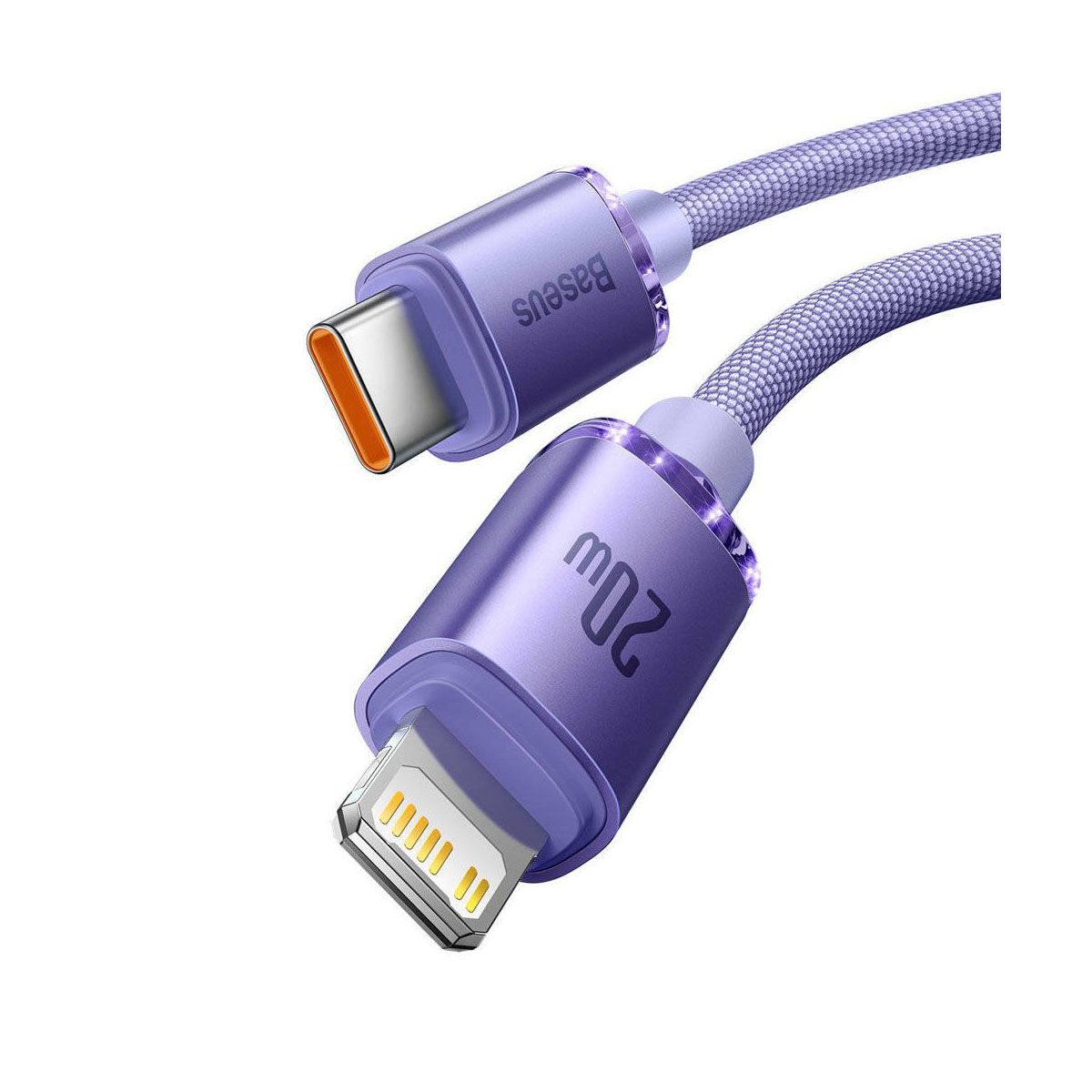 Fioletowy kabel ładujący Baseus ze złączem Lightning i USB-C, oznaczony 20W.